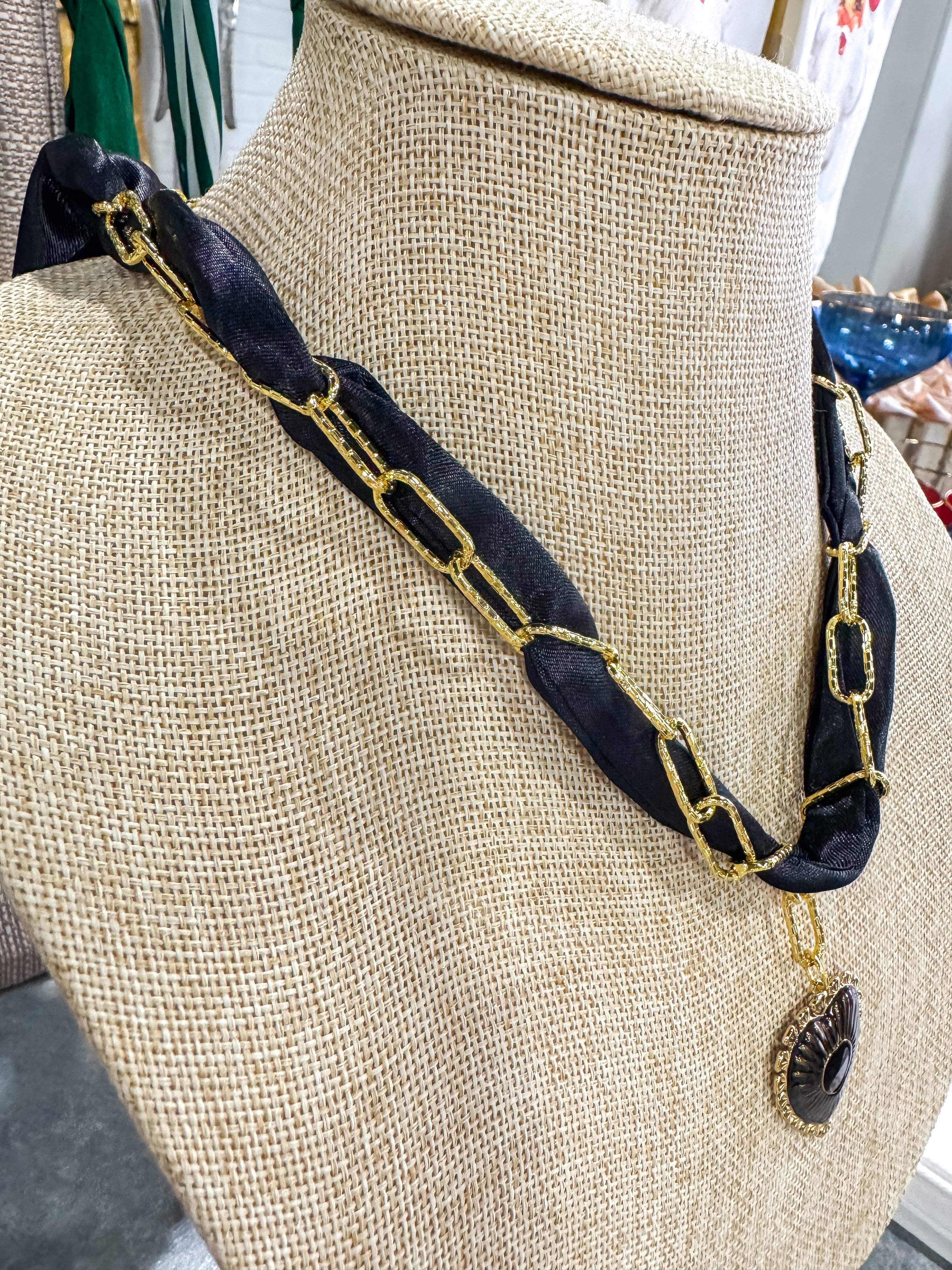 Black Scarf Necklace With Gold Chain & Heart