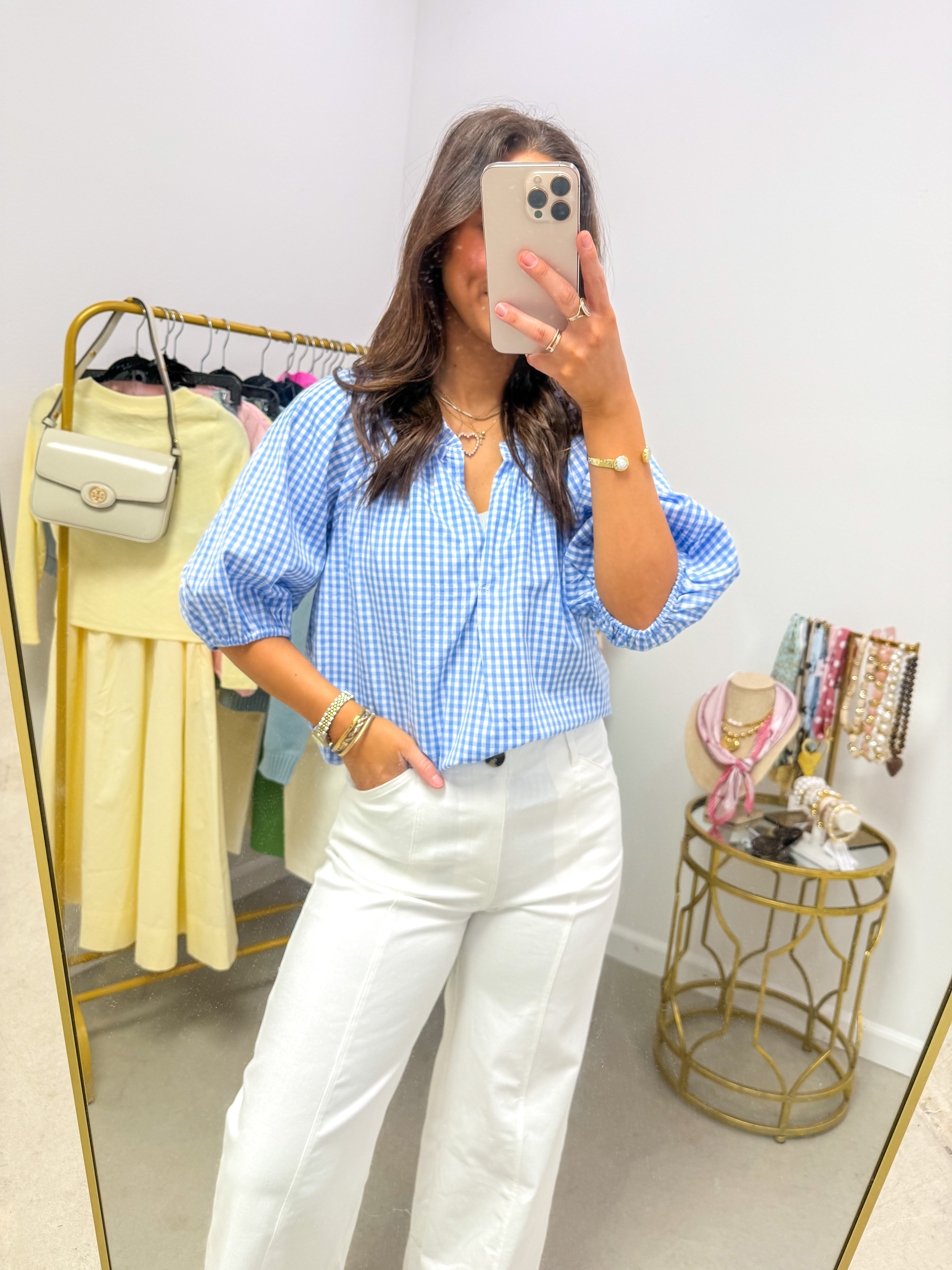 Haylee Light Blue Gingham Puff-Sleeve Shirt
