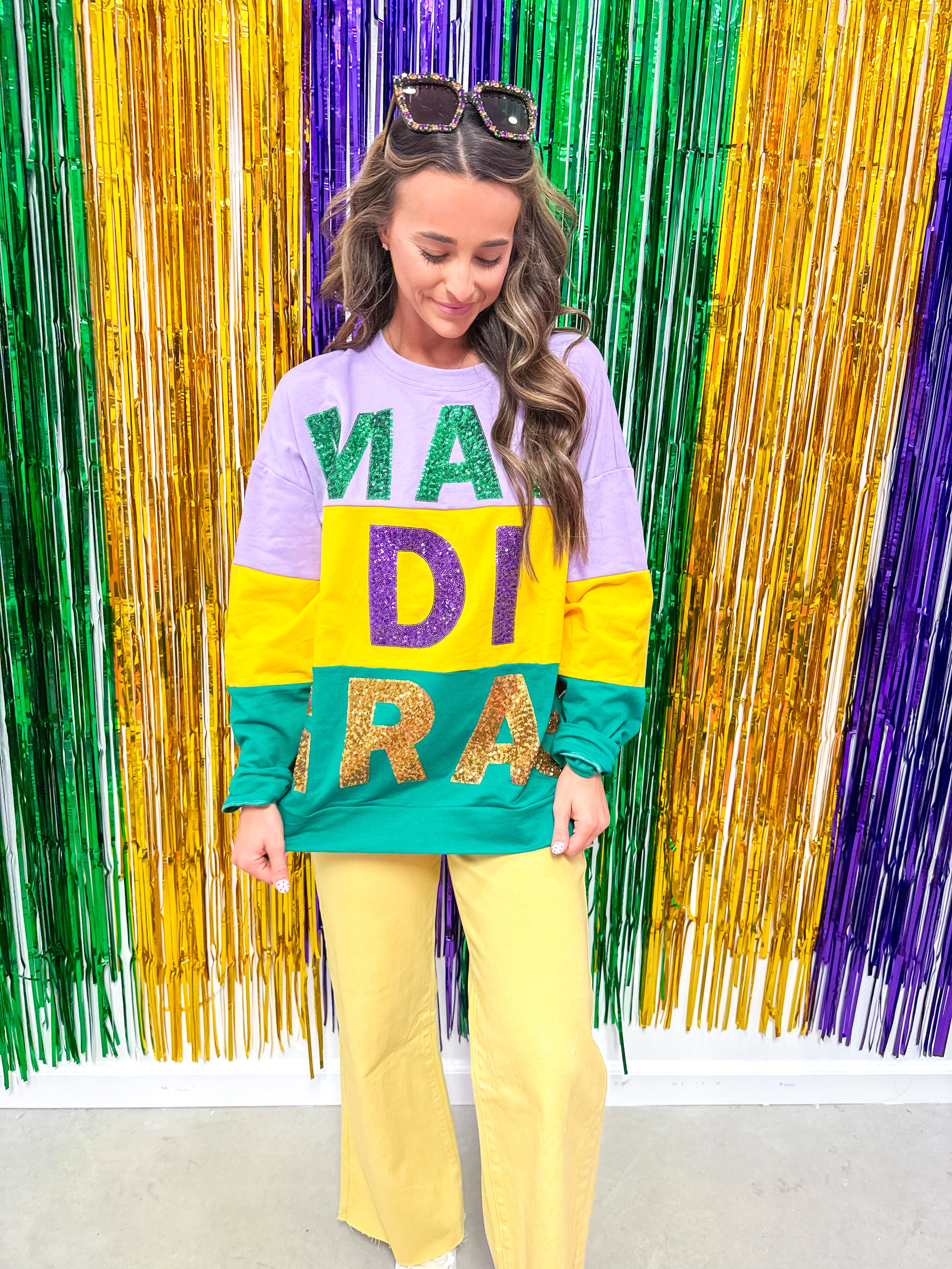 Sequin Mardi Gras Words Colorblock Sweater