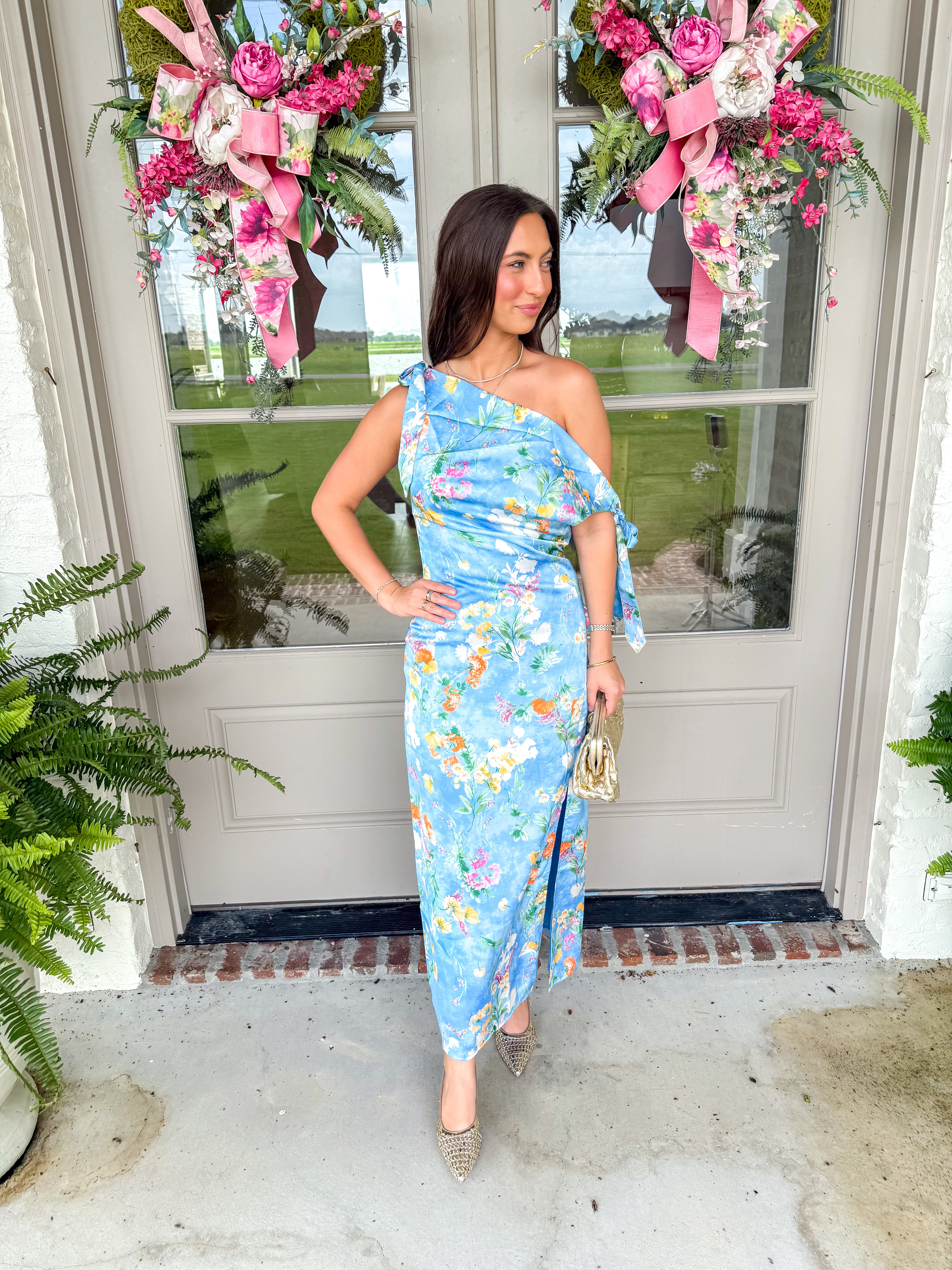 Garden Gala Floral Satin Midi Dress