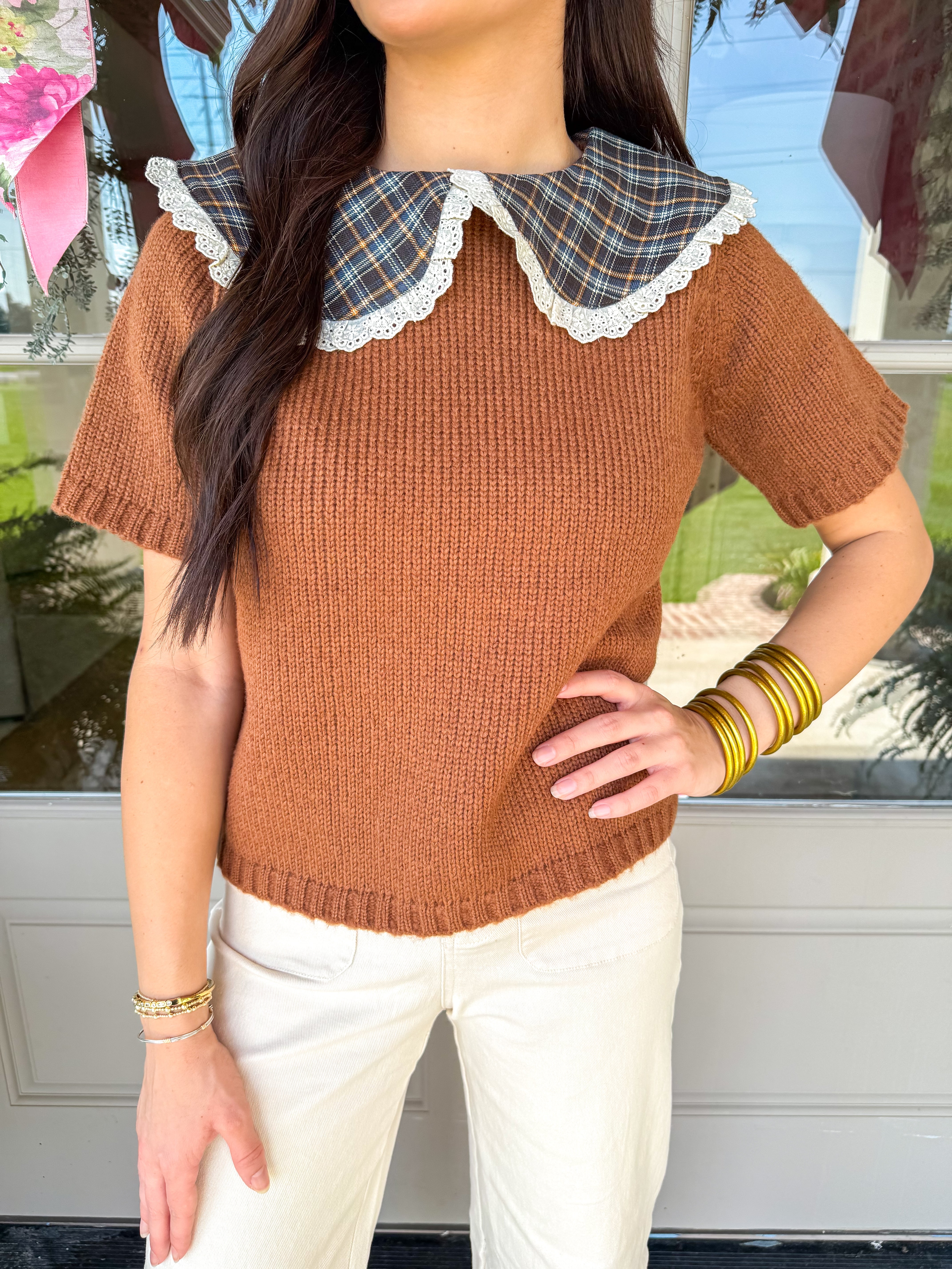 Cognac Plaid Collar Sweater