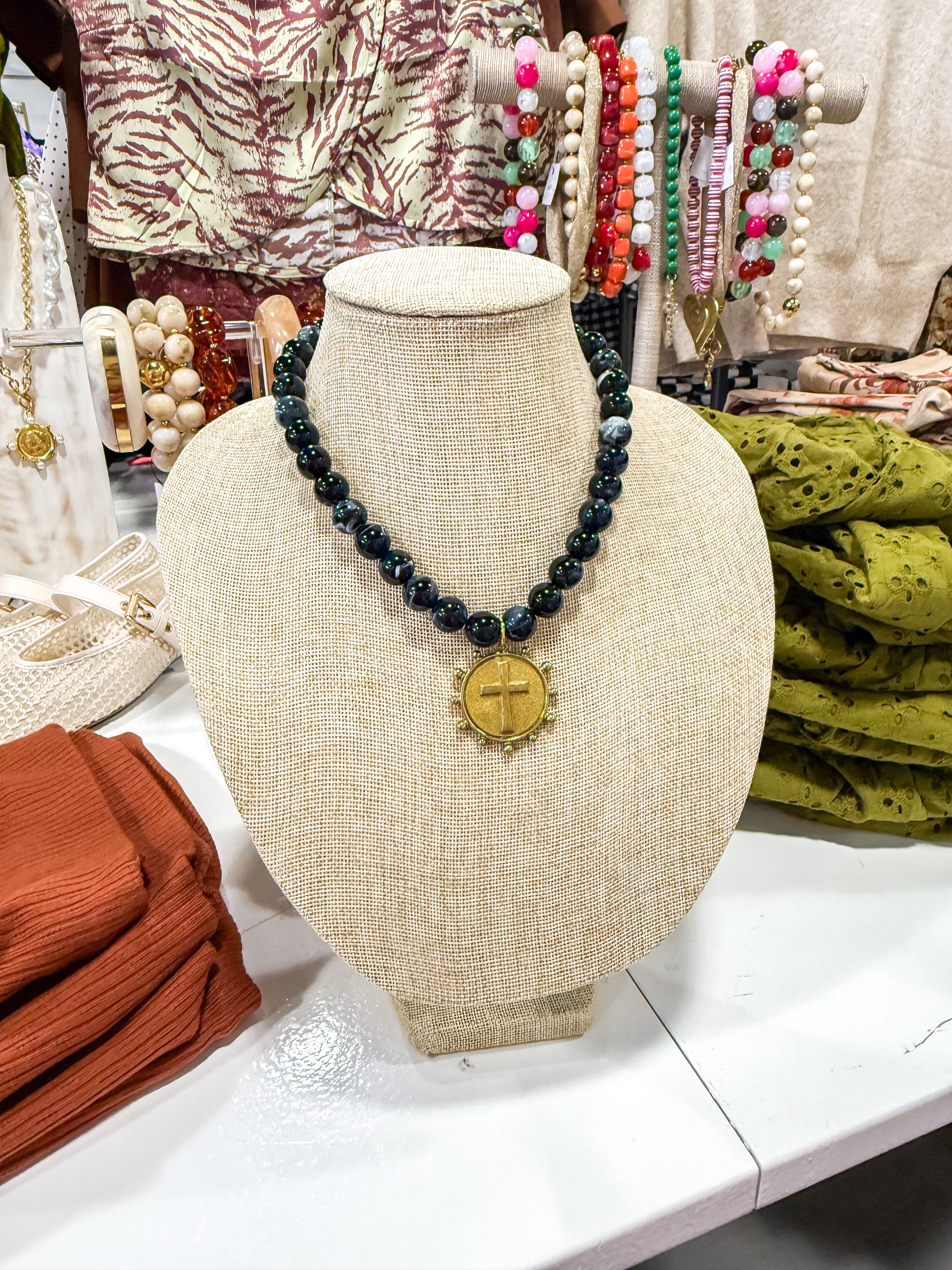 Gold Cross Pendant Black Beaded Necklace