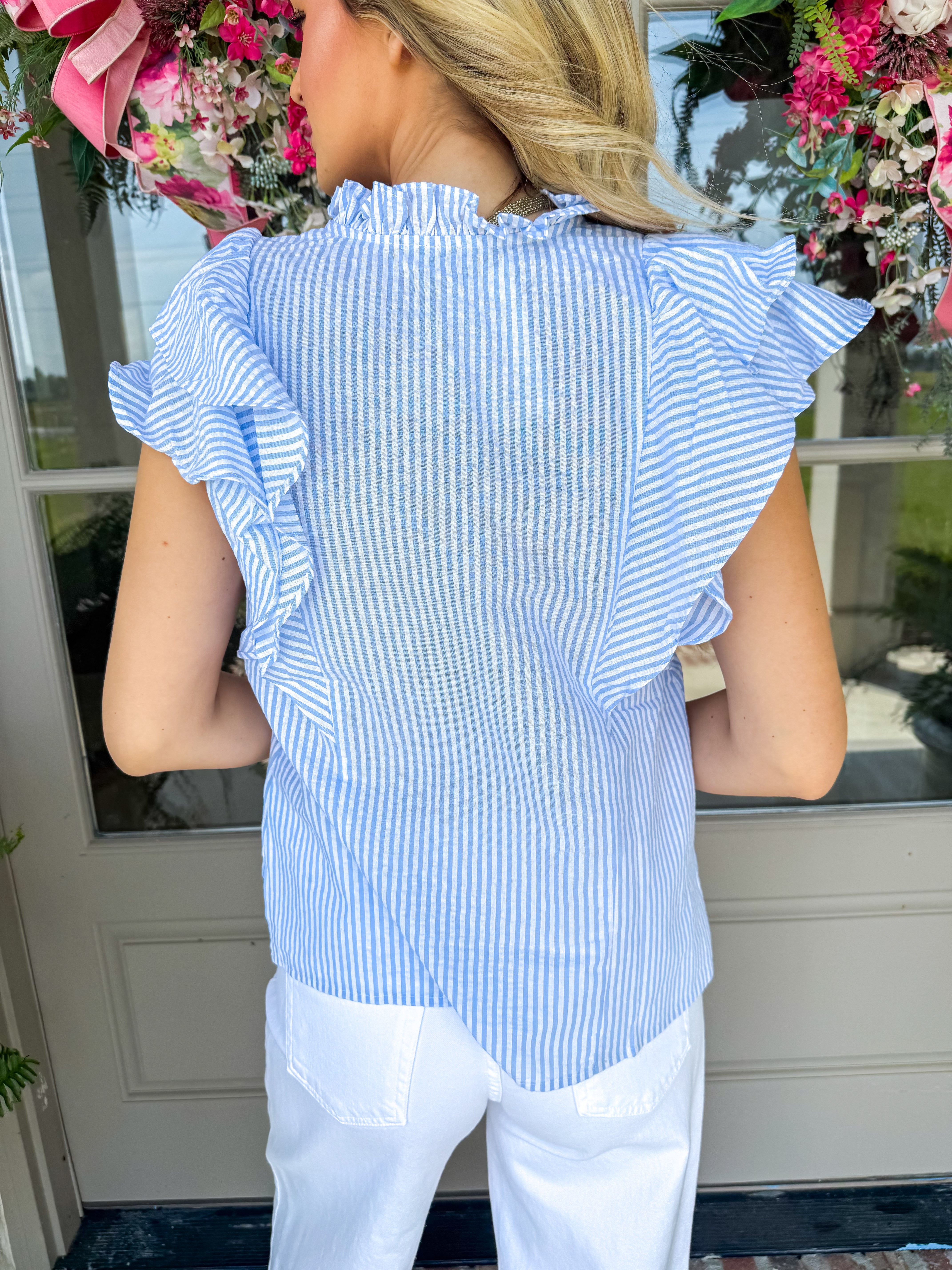 Denisse Blue Stripe Pintuck Ruffle Blouse