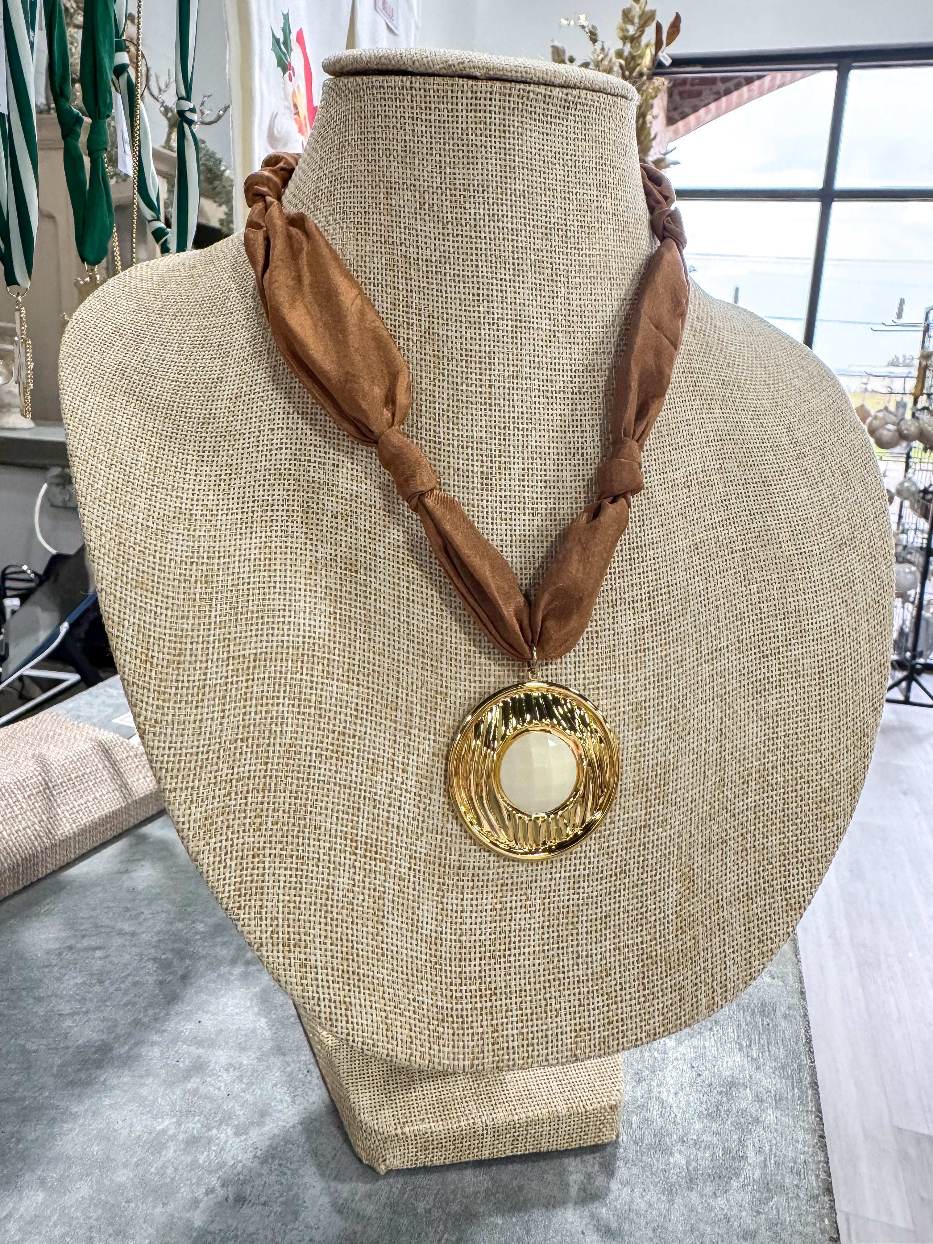 Mocha Scarf Necklace Gold & Ivory Pendant