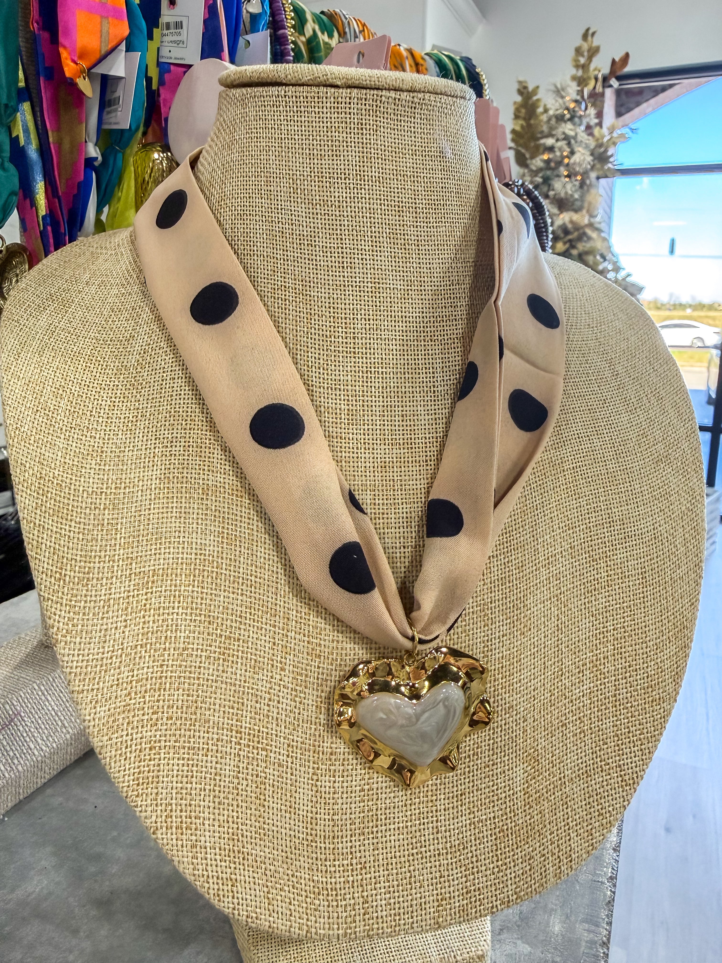 Small Heart Tan & Black Polka Dot Scarf Necklace