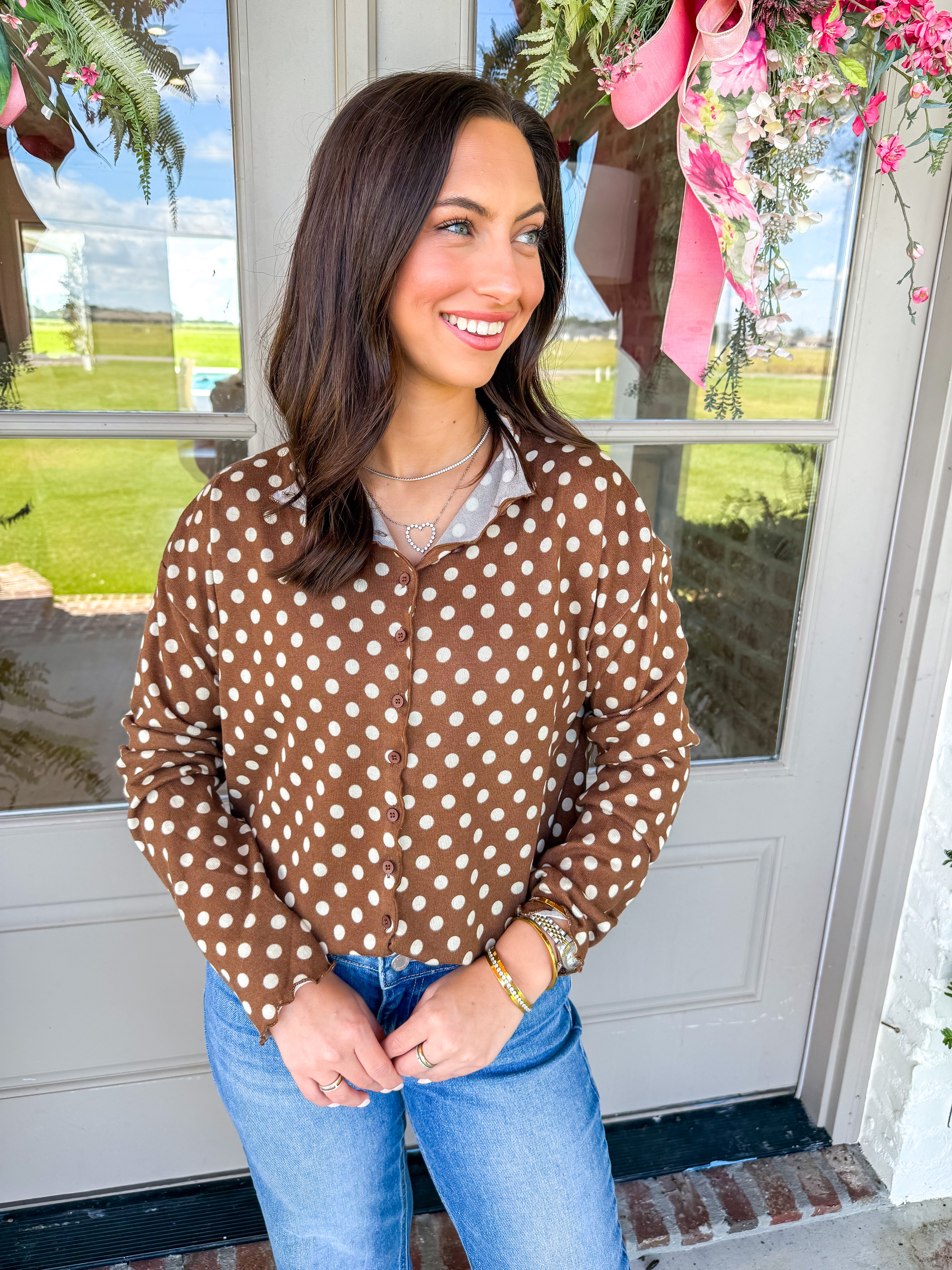 Brown Sugar Polka Dot Button-Up Top