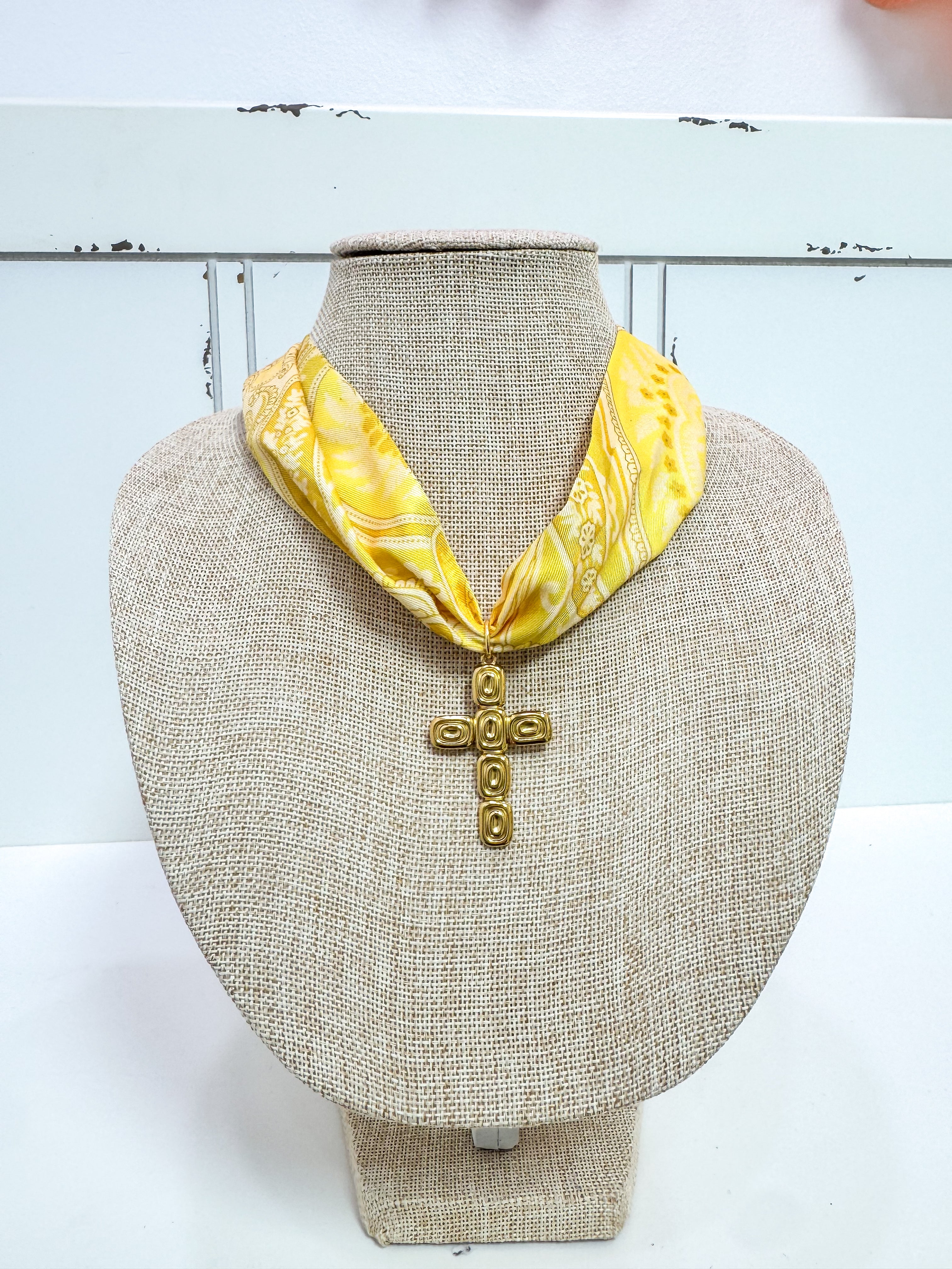 Yellow Tapestry Gold Cross Scarf Necklace
