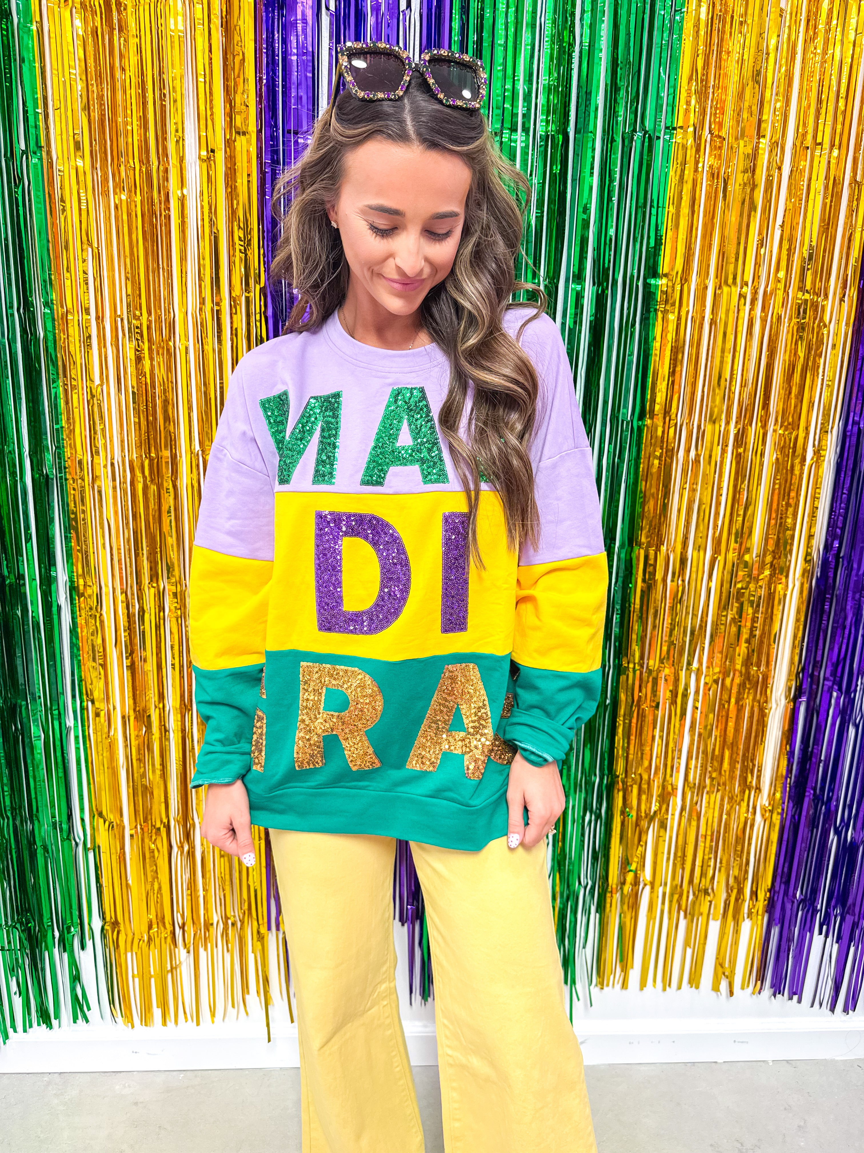 Sequin Mardi Gras Words Colorblock Sweater