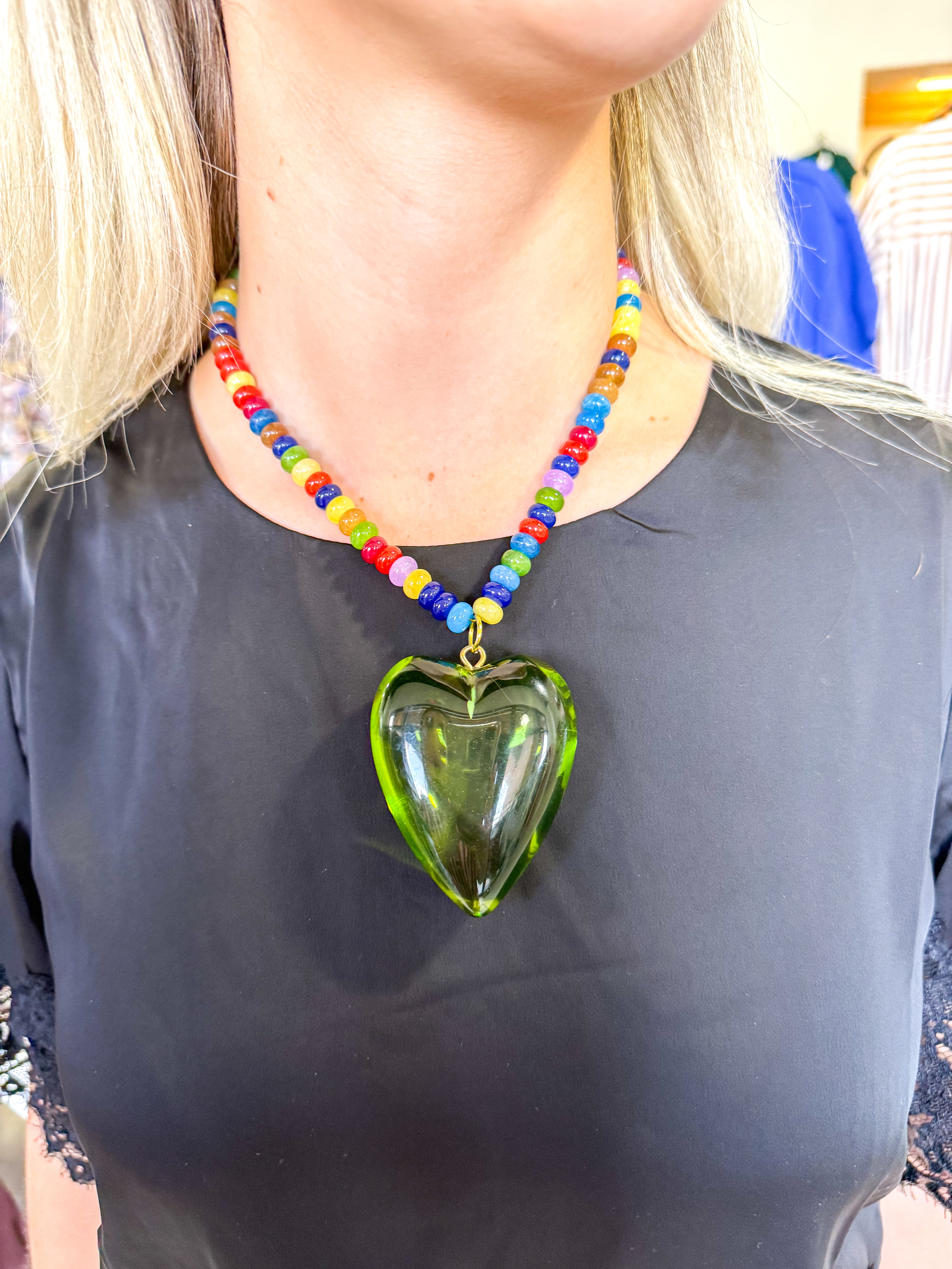 Large Emerald Heart Colorful Beaded Necklace