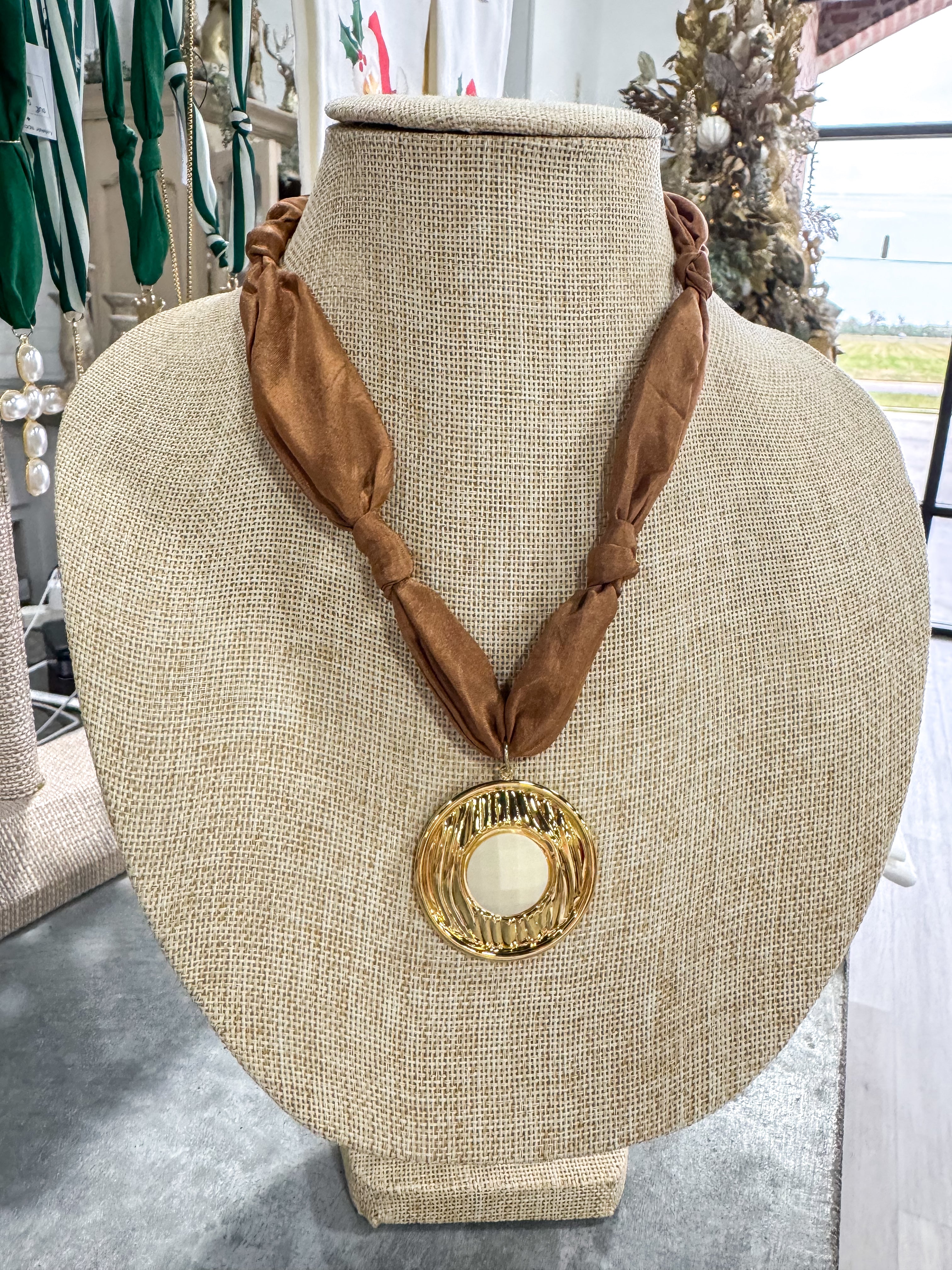 Mocha Scarf Necklace Gold & Ivory Pendant