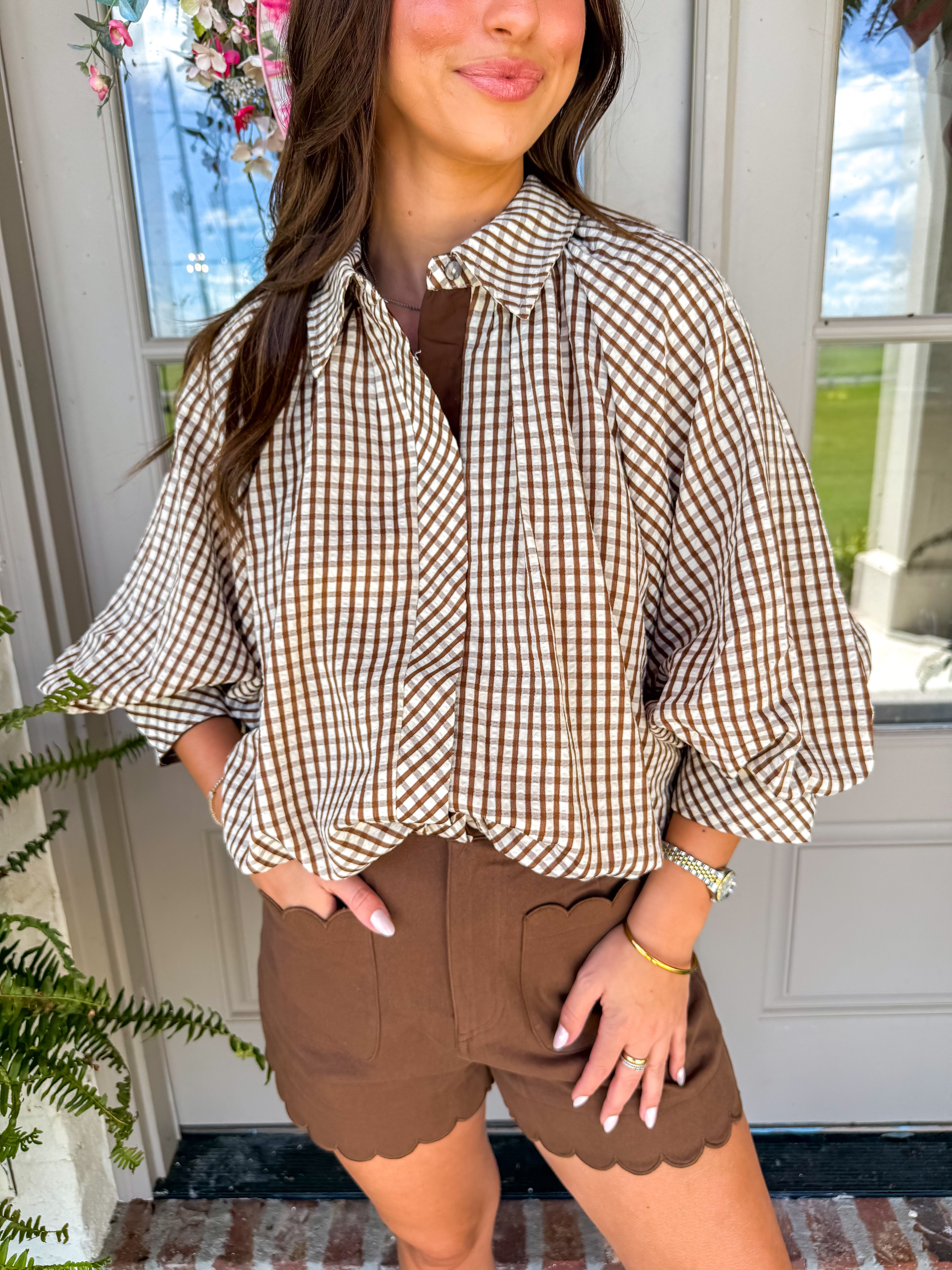 Brown Gingham Balloon Sleeve Top