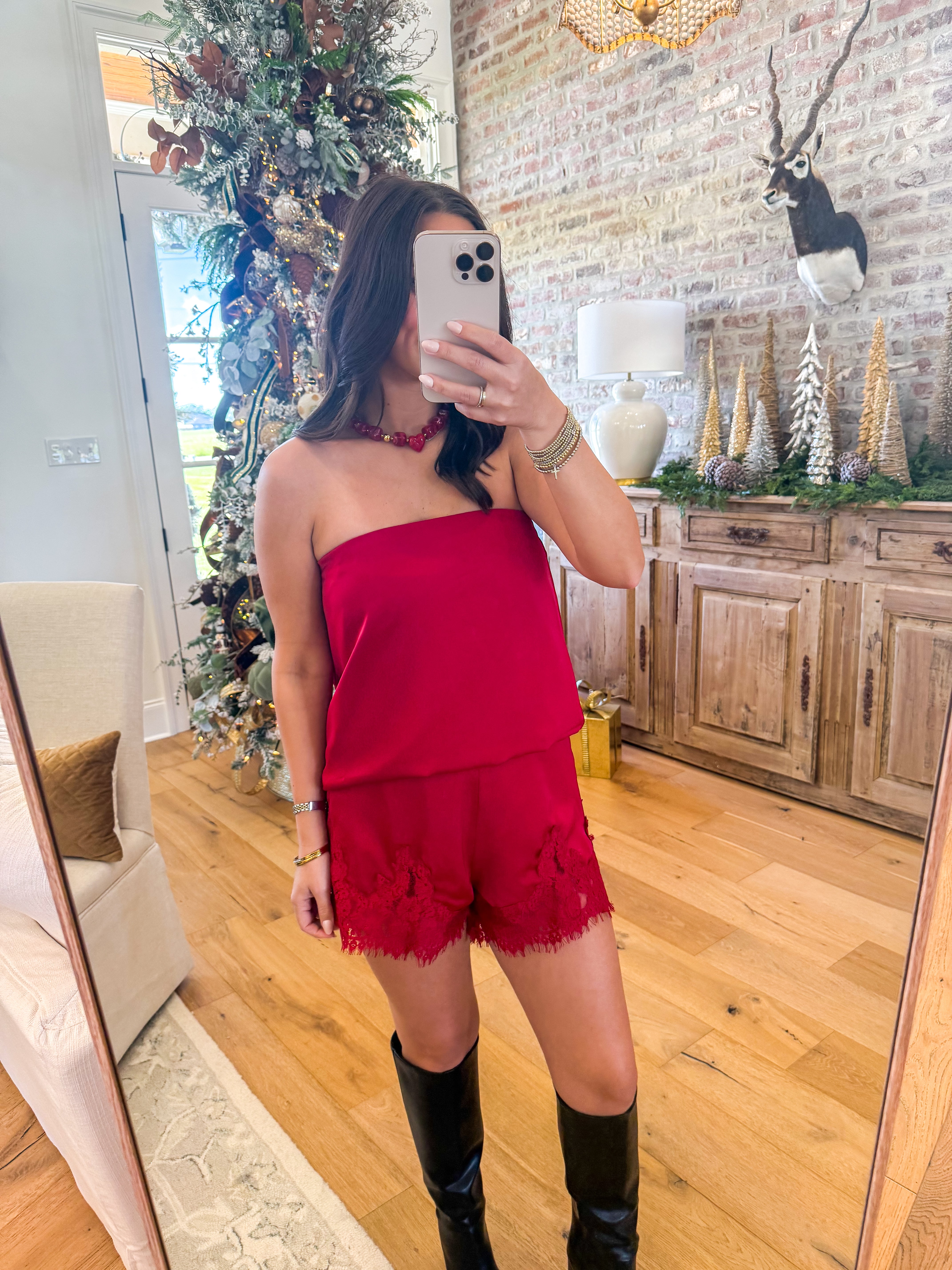 Crimson Charm Satin Lace Set