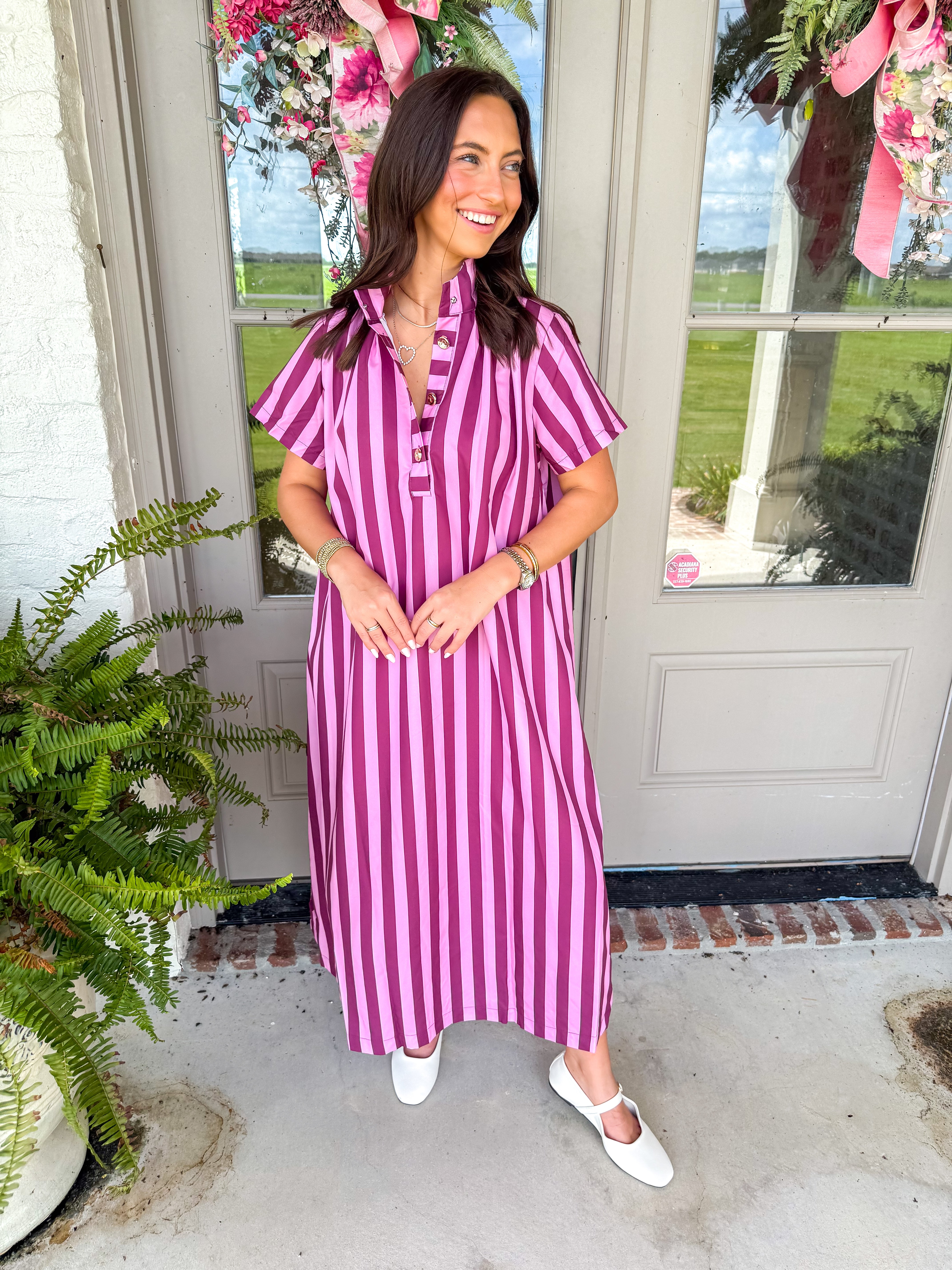 Berry Stripe High-Neck Midi Dress