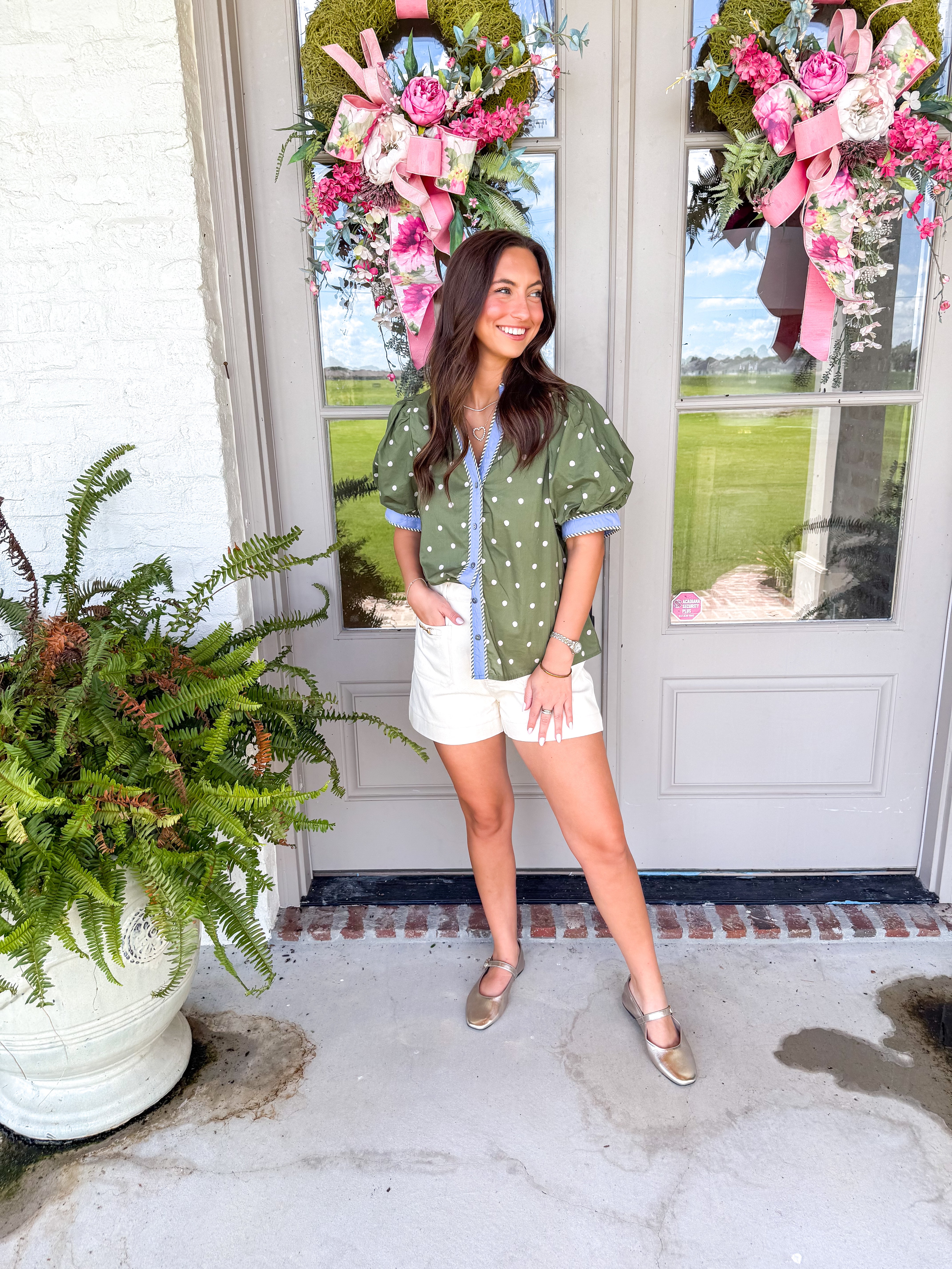 Olive & Periwinkle Polka Dot Puff Sleeve Blouse
