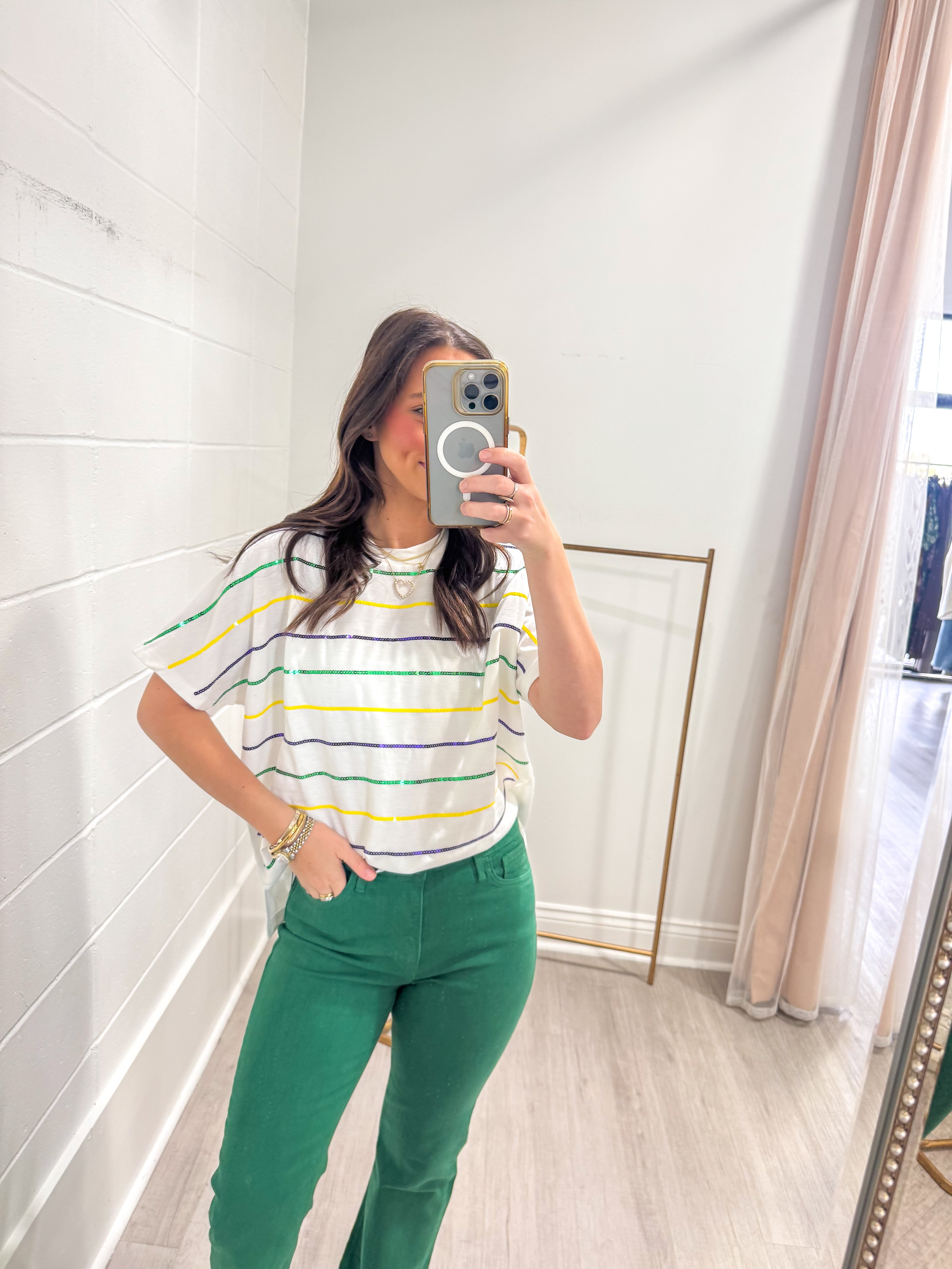 White Sequin Striped T Shirt