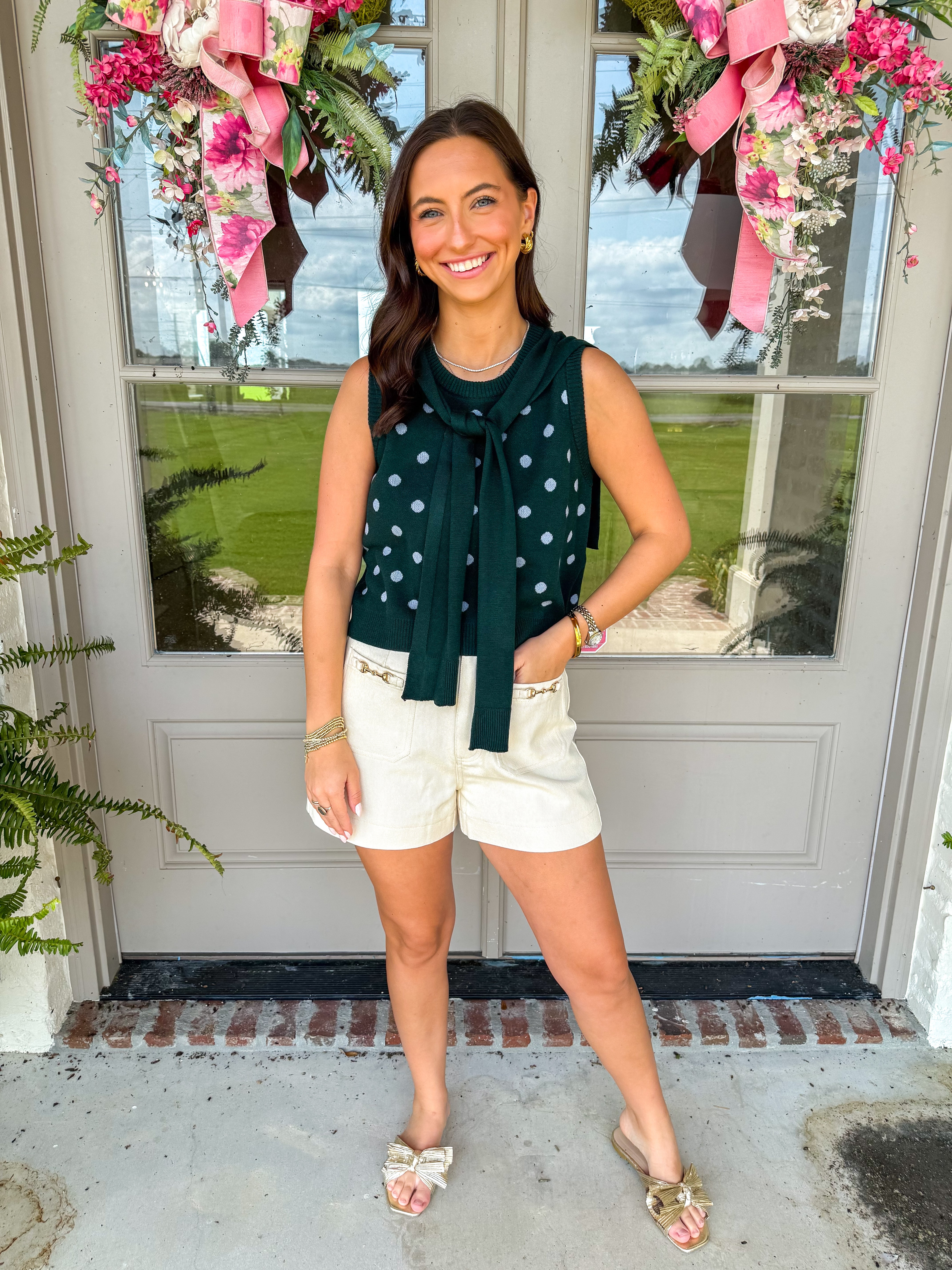 Darling Dot Sweater Knit Top Hunter Green