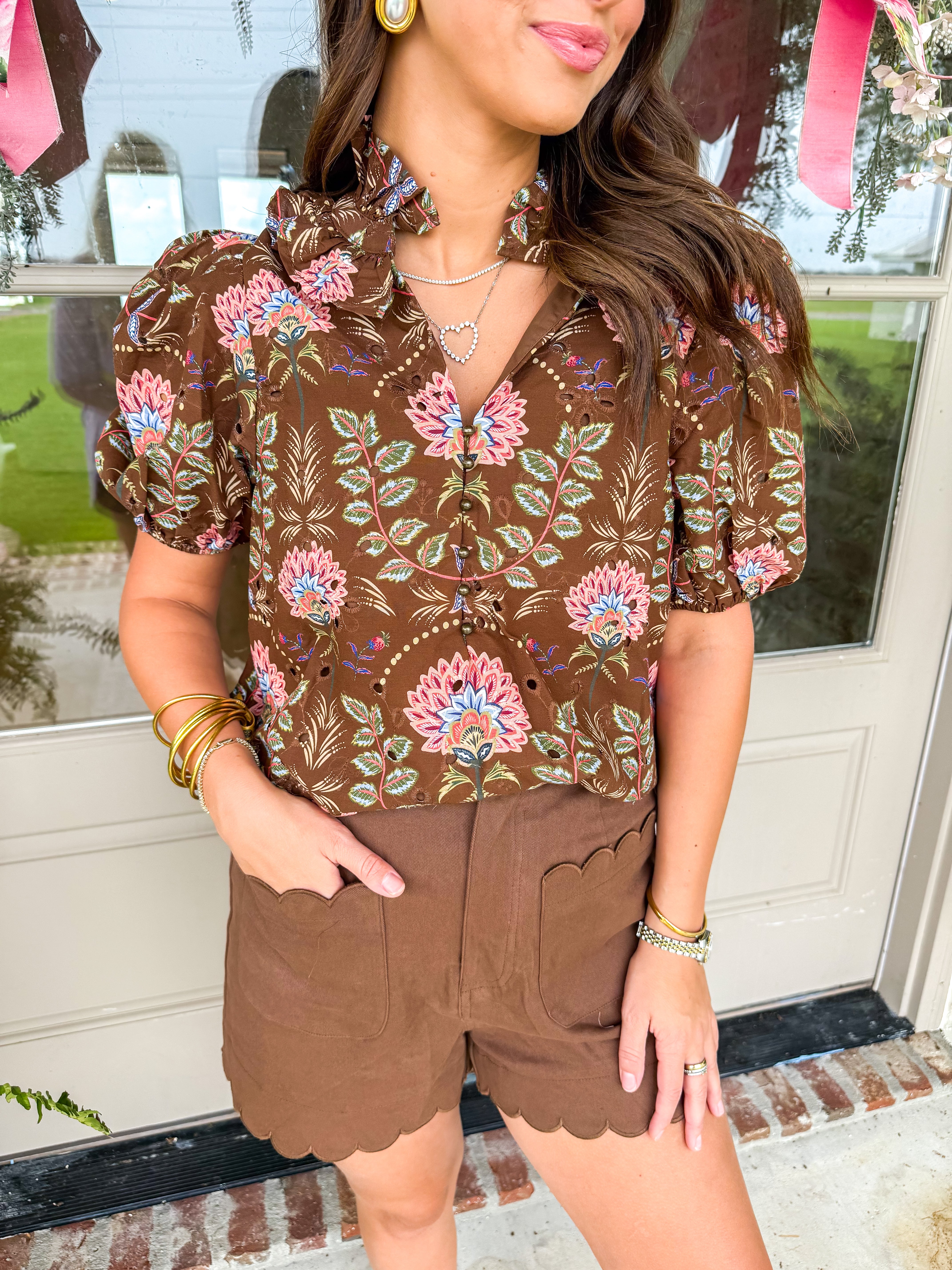 Chocolate Floral Eyelet Puff Sleeve Top