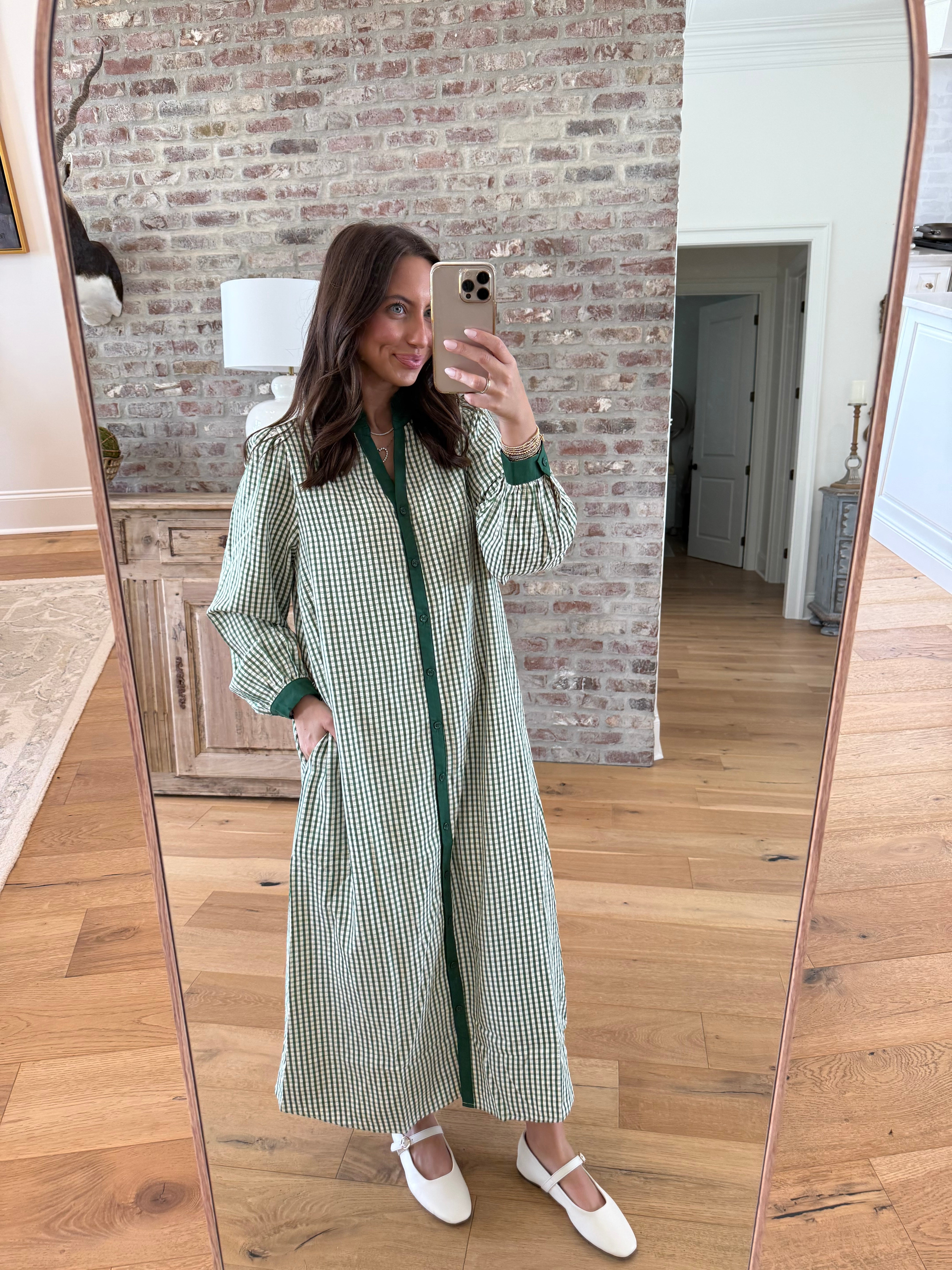 Green Gingham Ruffle Midi Dress