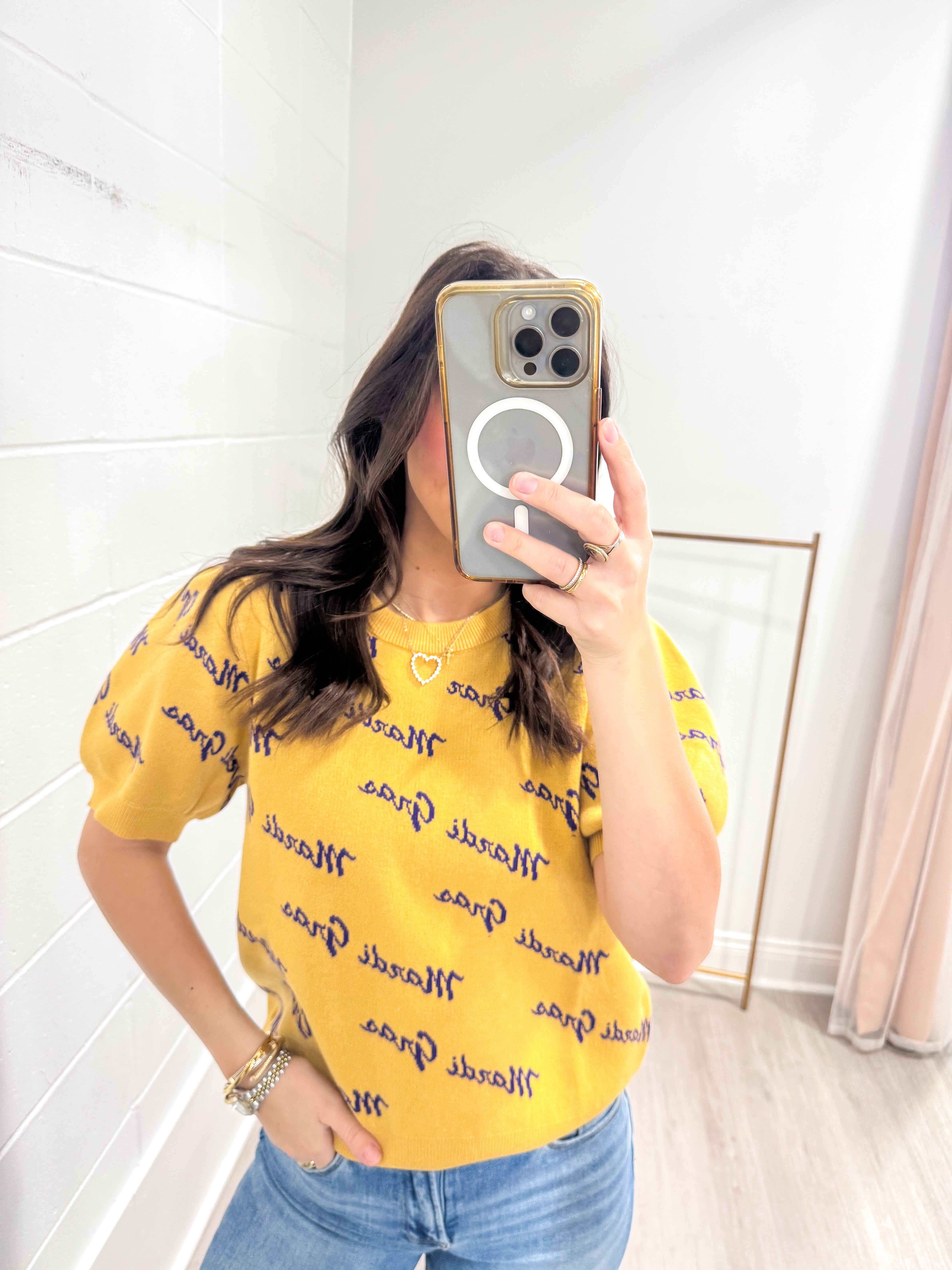 Mardi Gras Words Yellow Puff Sleeve Top