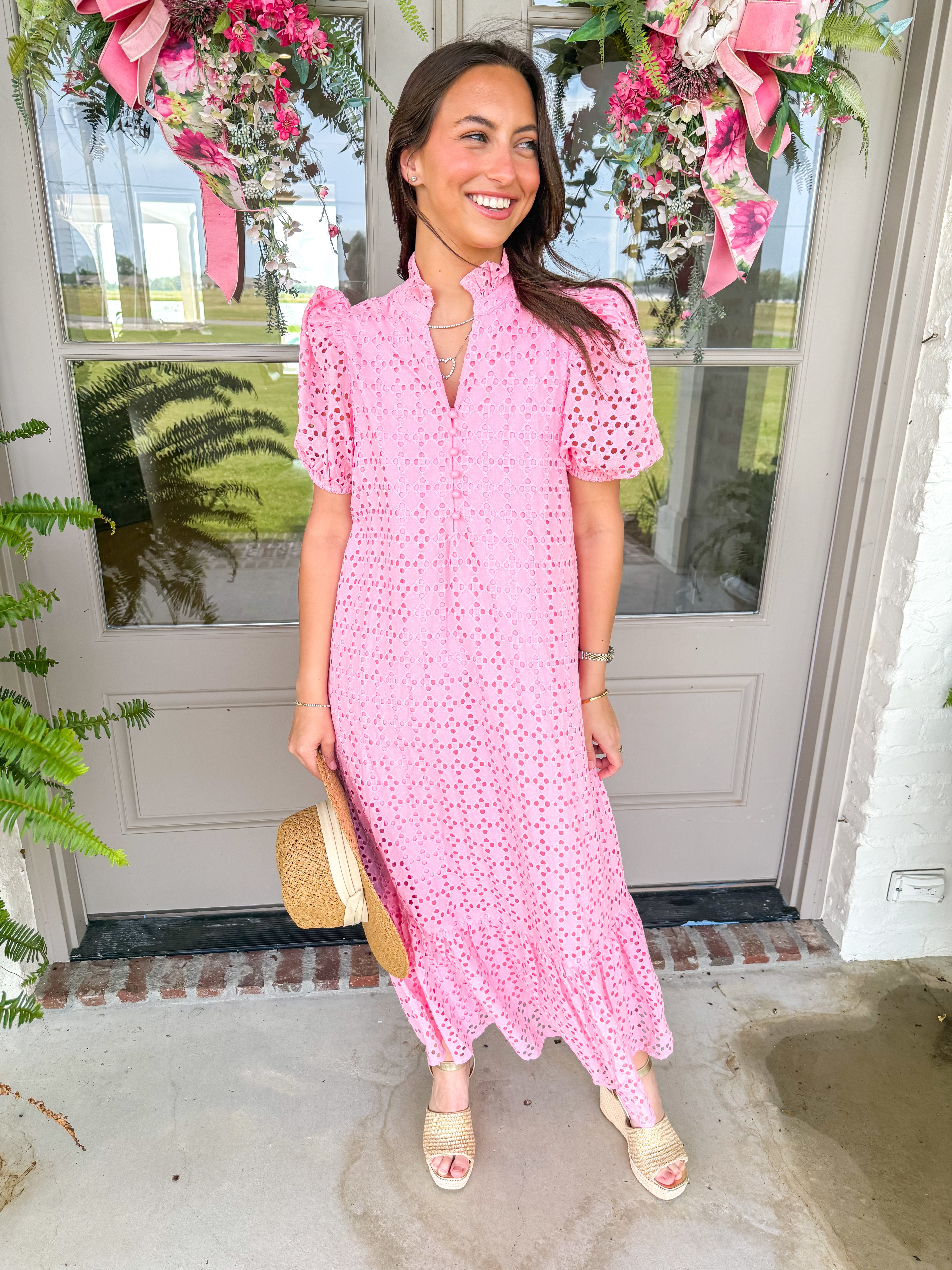 Evelyn Pink Eyelet Midi Dress
