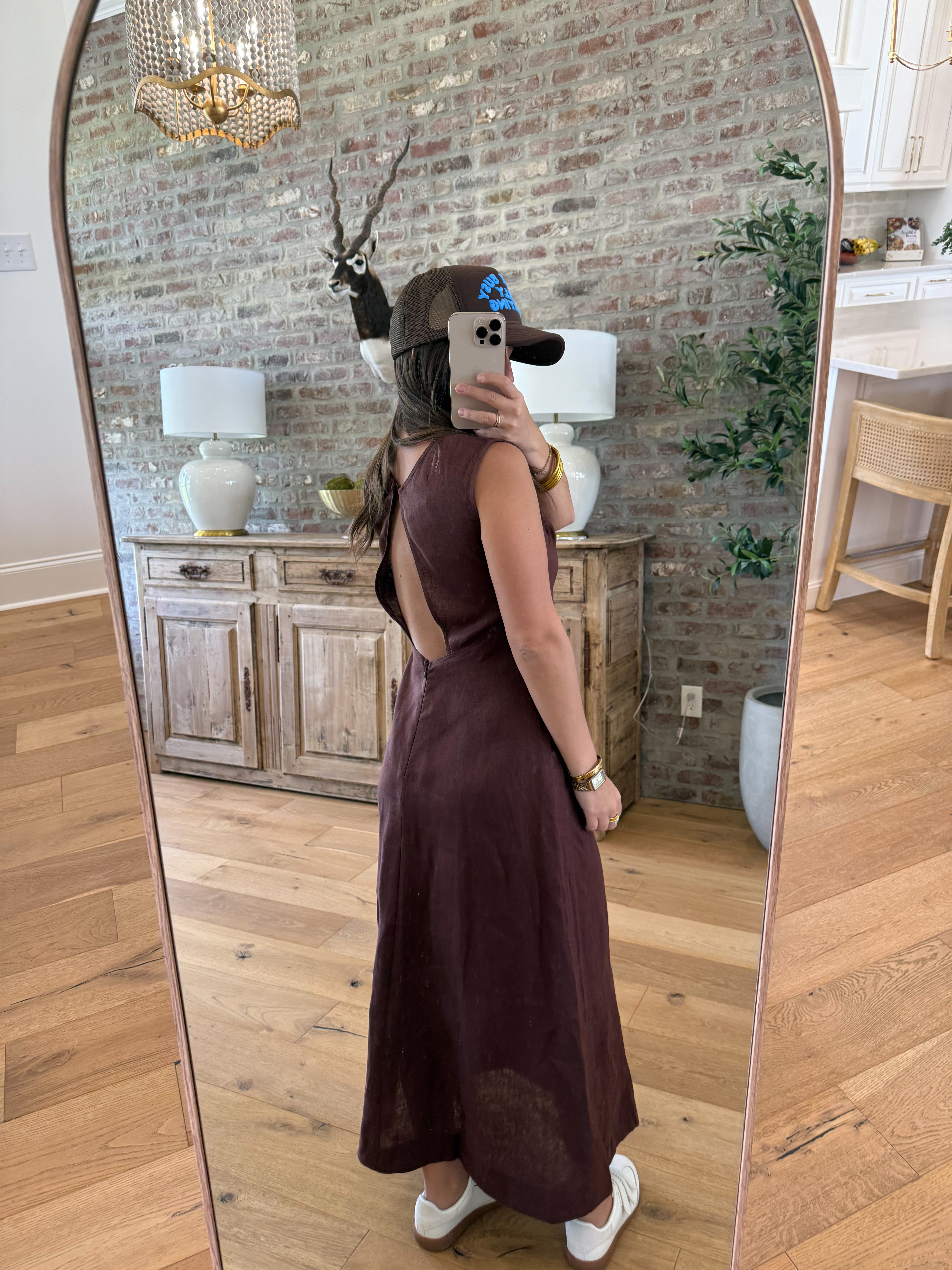 Debbie Open-Back Maxi Linen Dress Brown