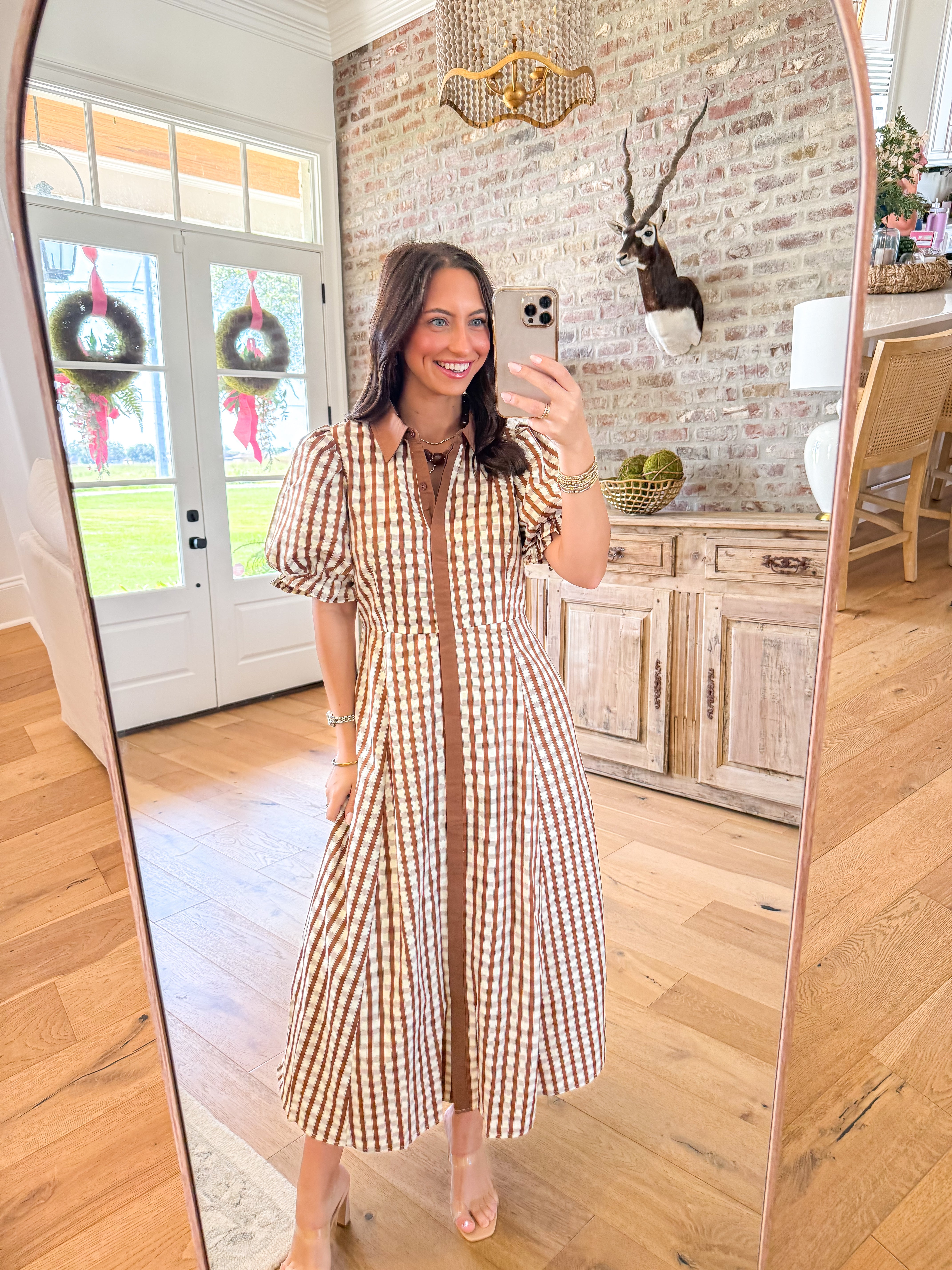 Brown Gingham Charm Midi Shirt Dress