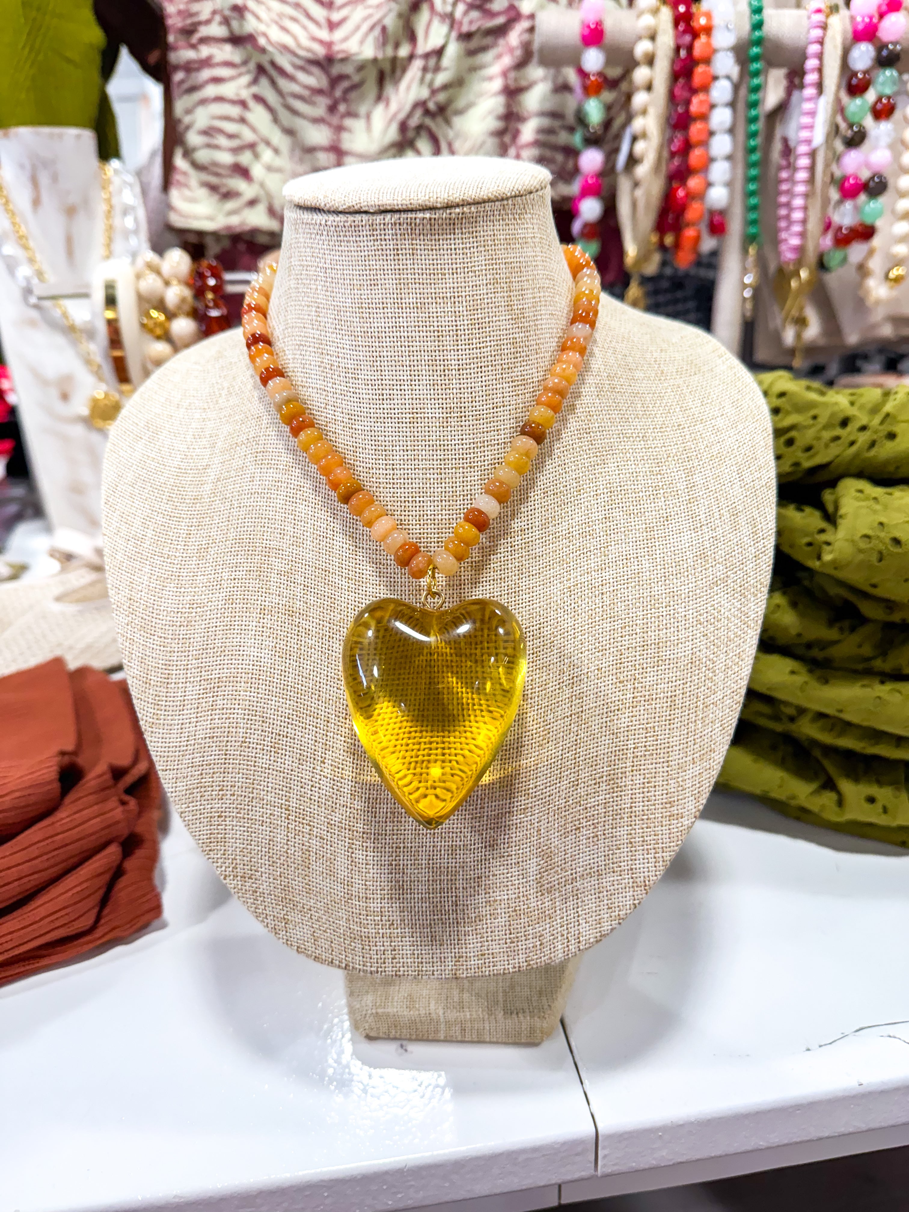 Large Citrine Heart Mutli Beaded Necklace