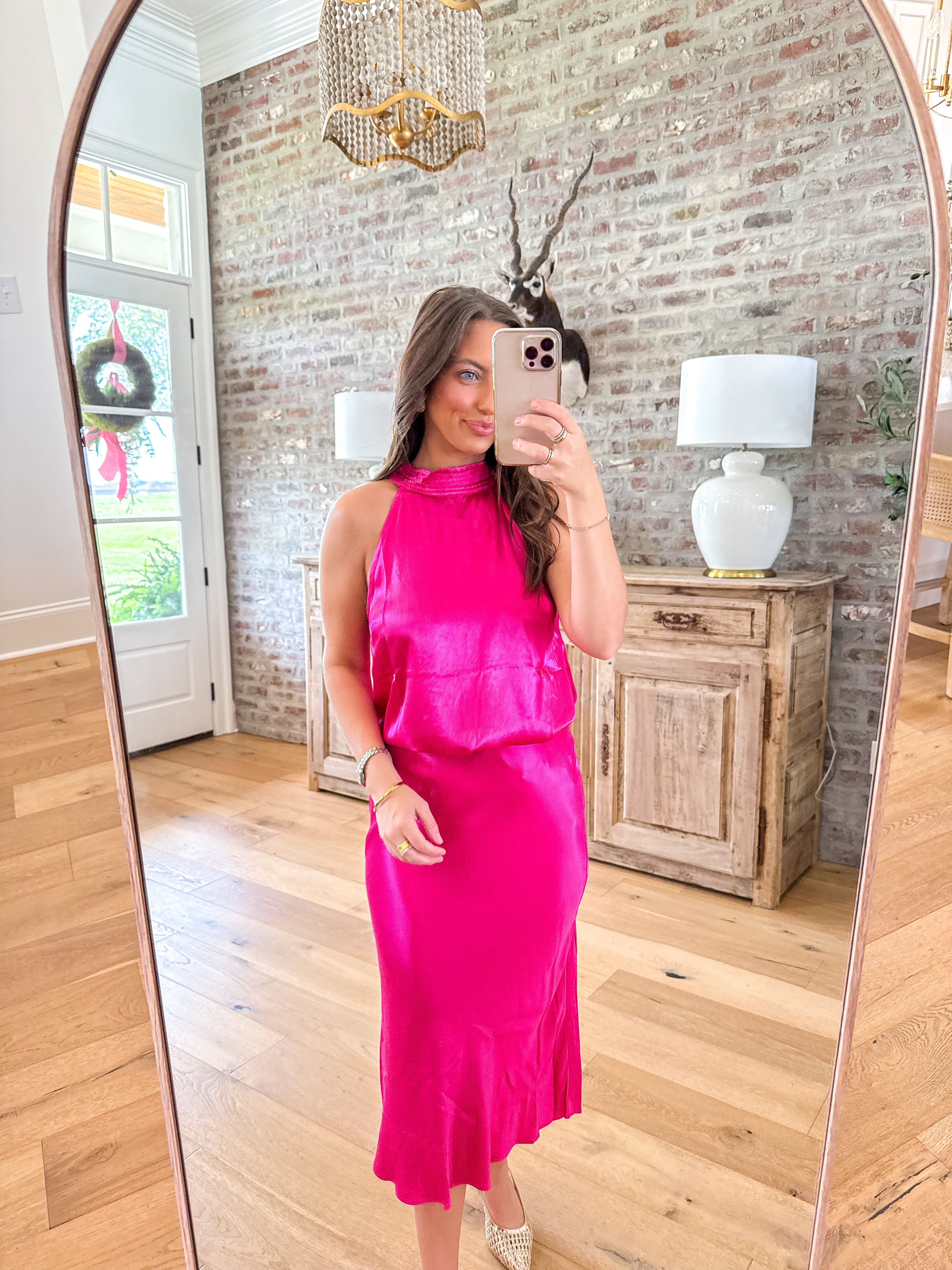 Satin Glow Pink Midi Skirt