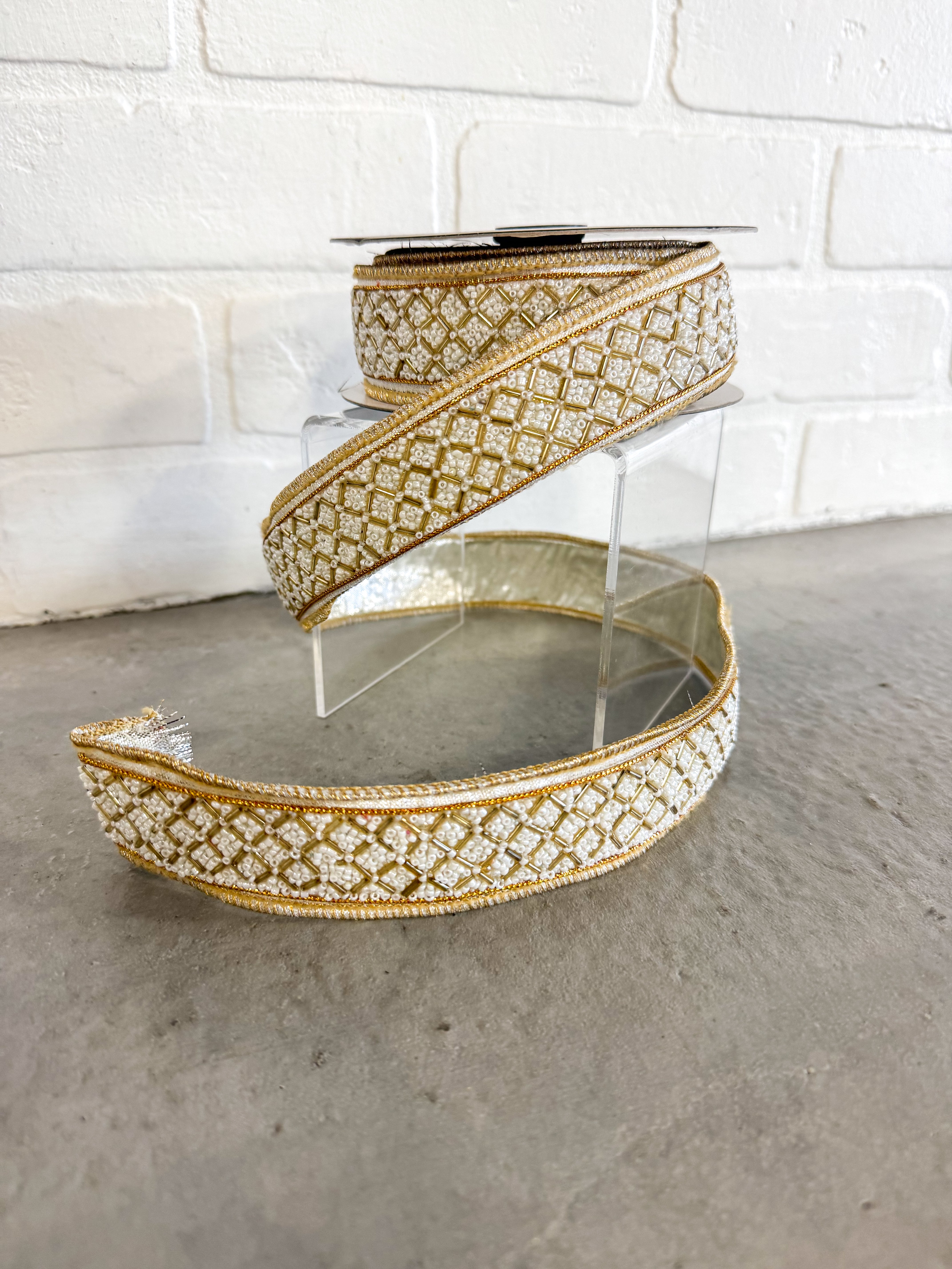John Mark Ribbon Beaded Trim Metallic Dupion Ivory/Gold -1/5x10yd