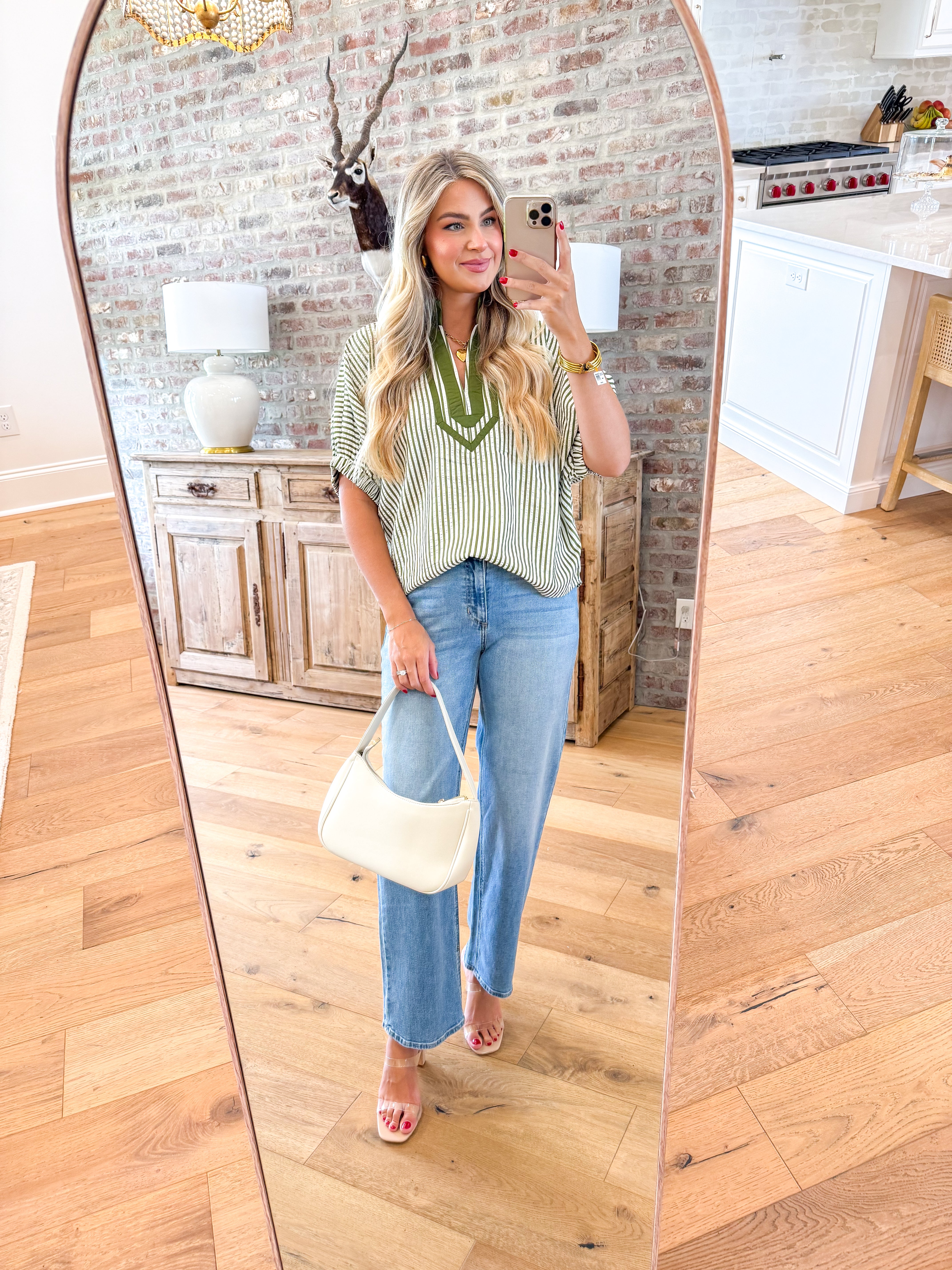 Olive Stripe Popover Top