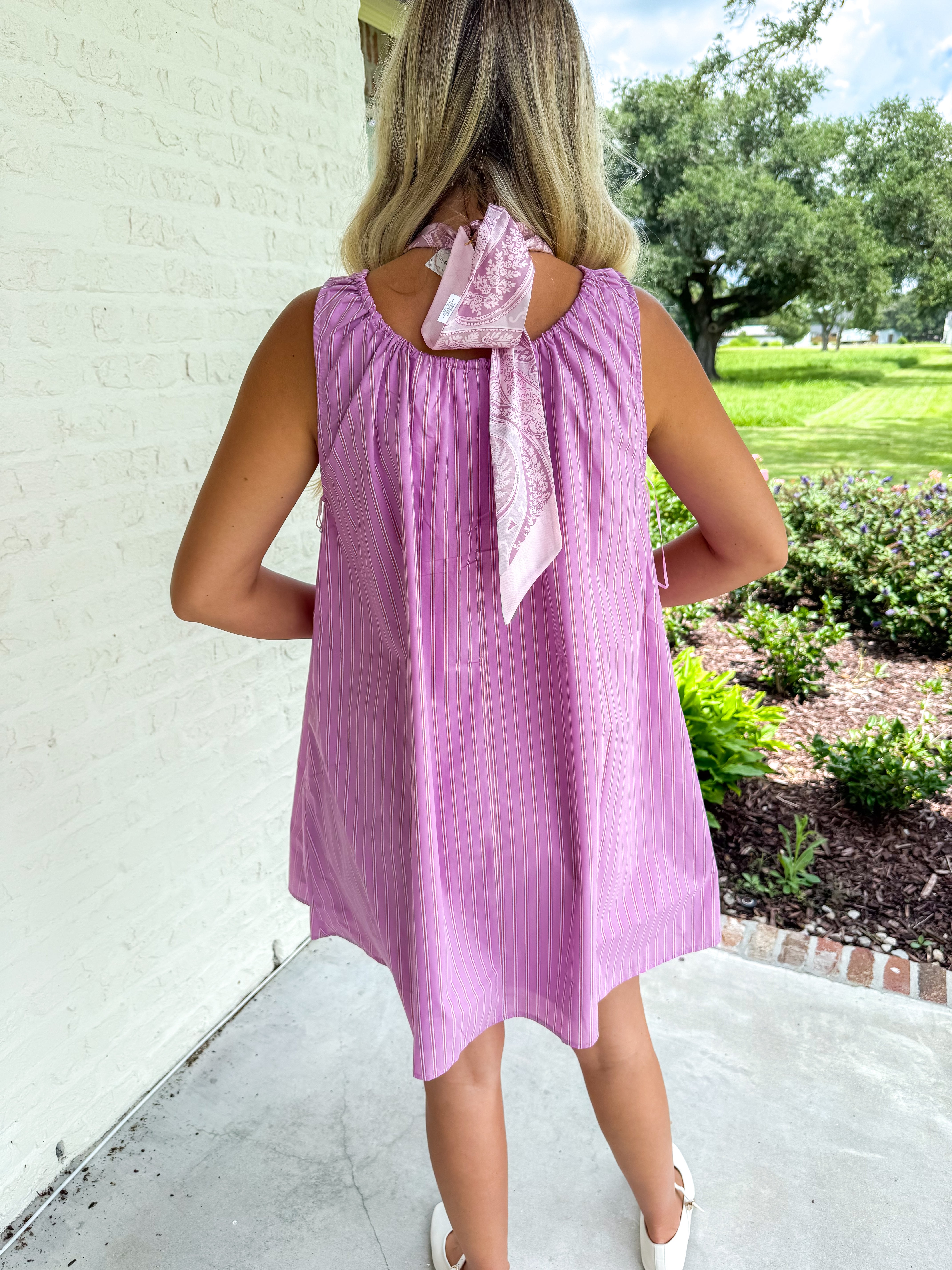 Lilac Stripe Self-Tie Mini Dress