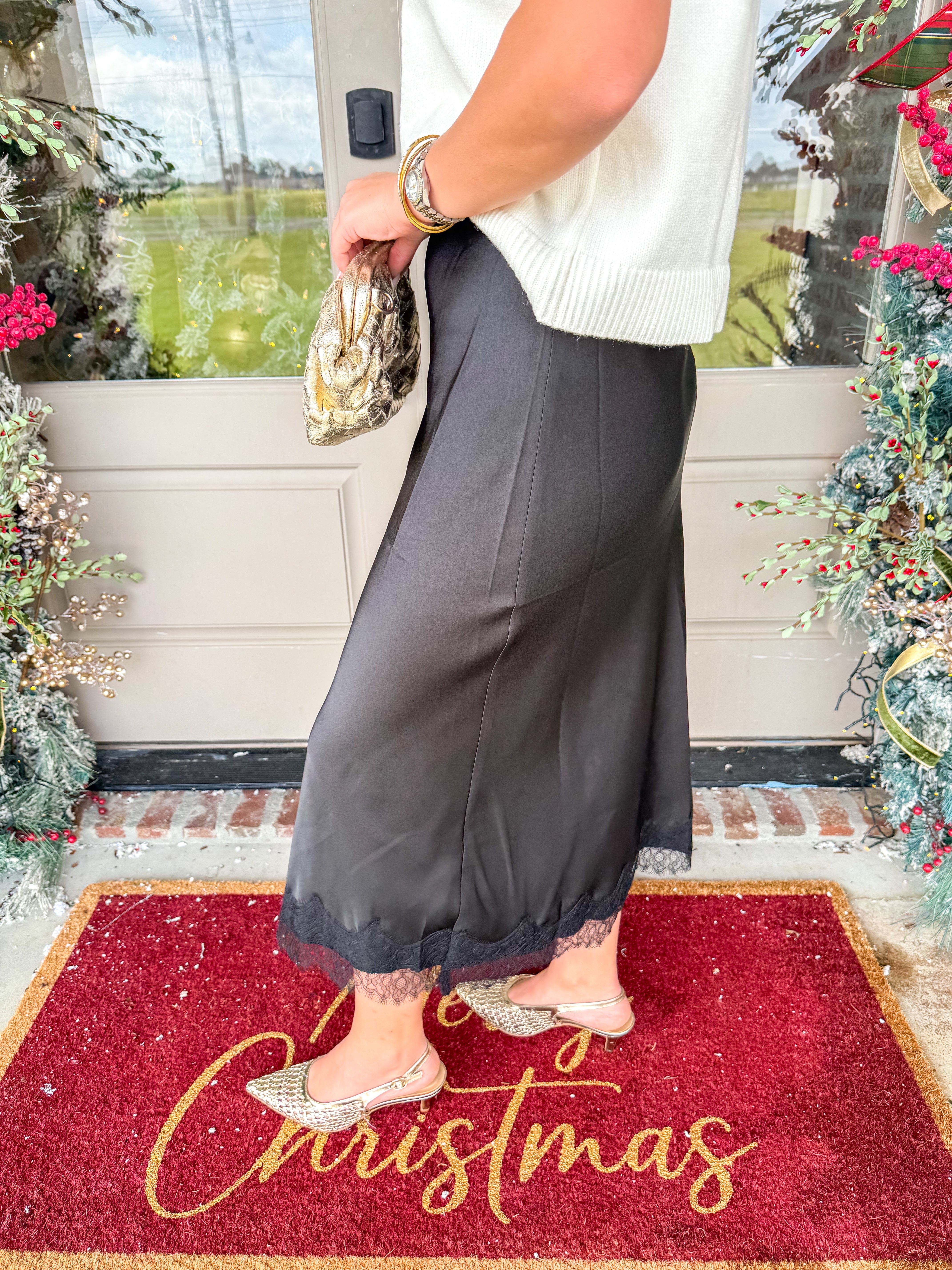 Lace & Satin Midi Skirt Black