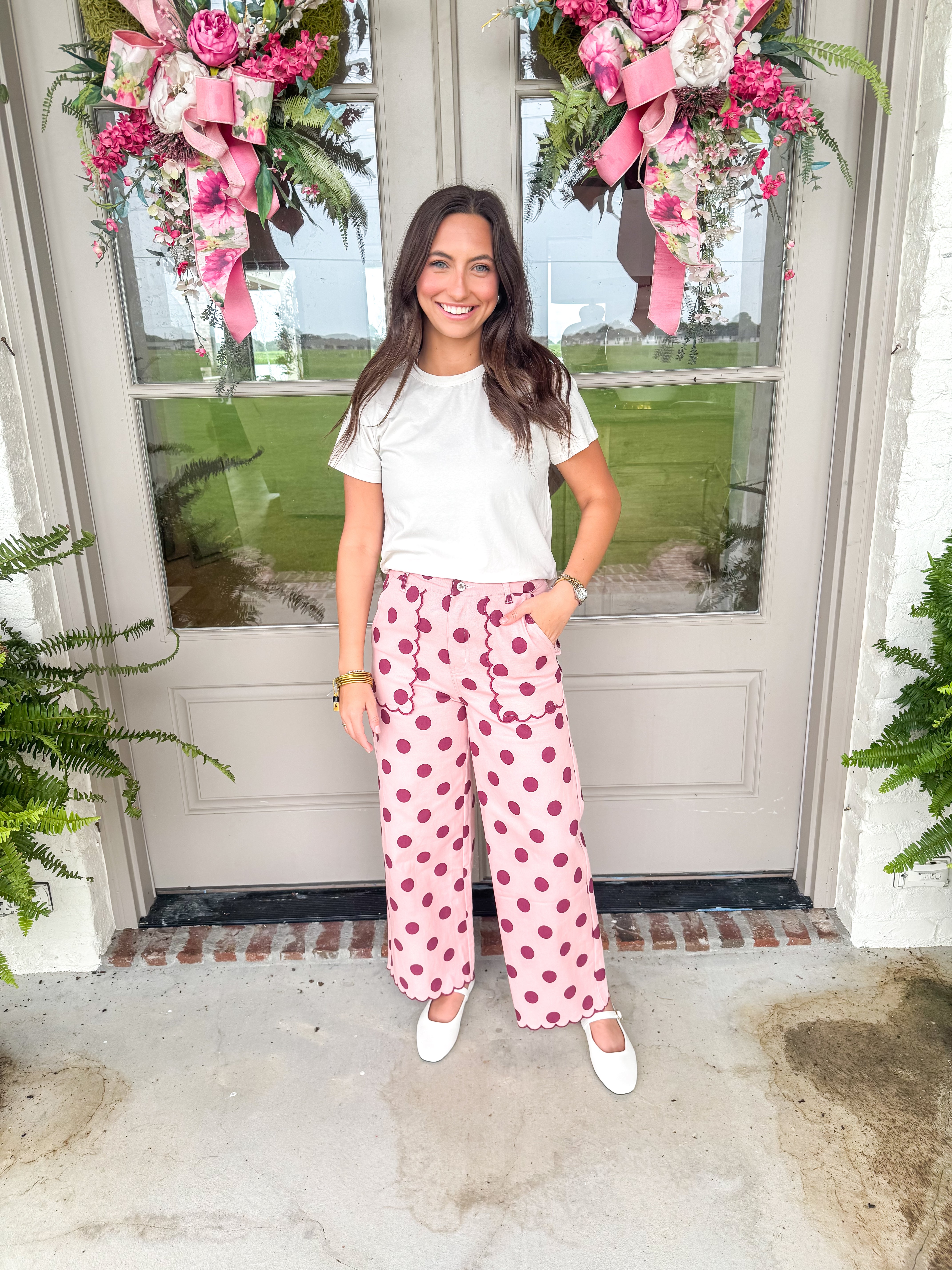Scalloped Polka Dot Wide-Leg Pants Pink/Burgundy