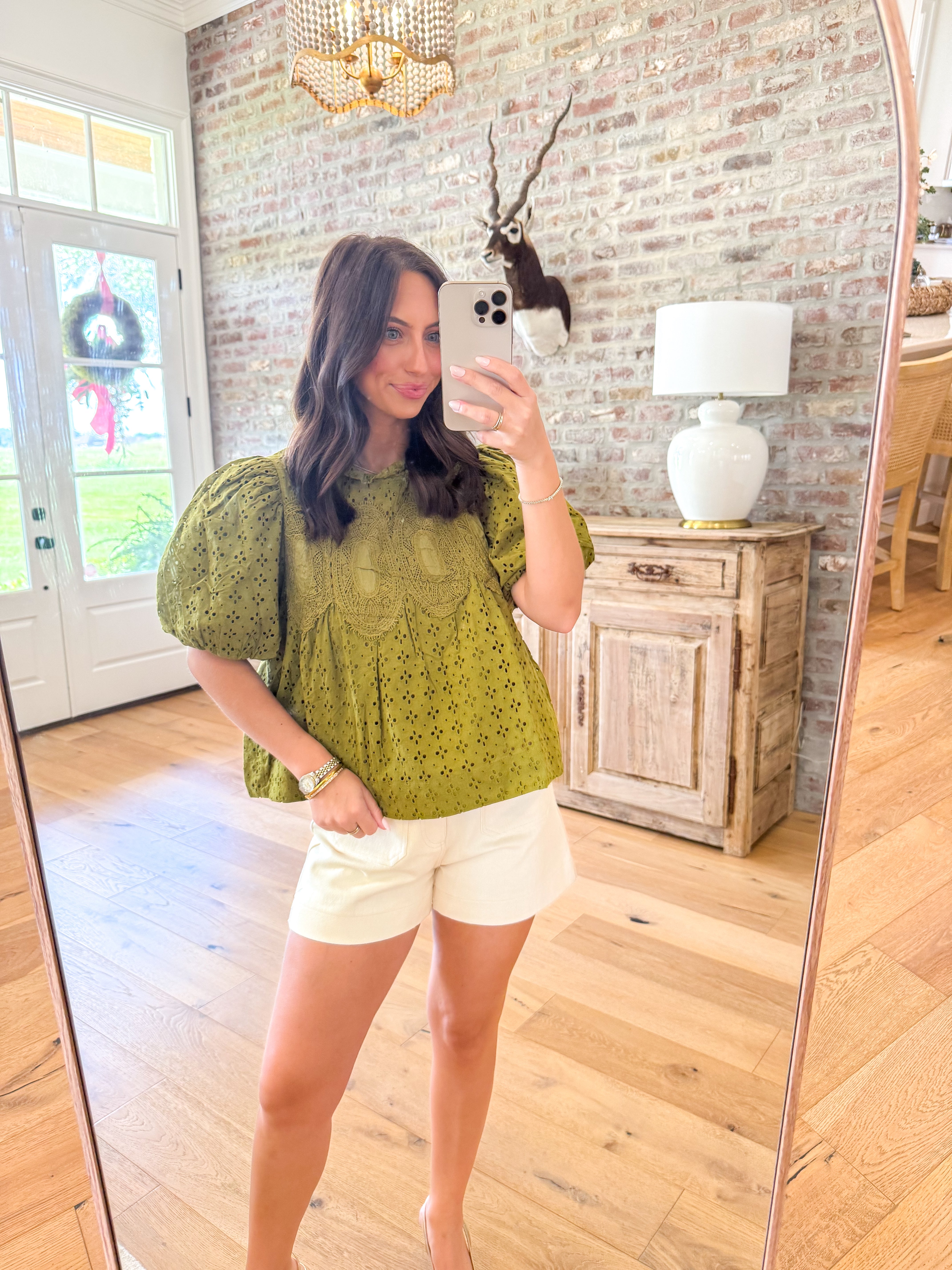 Olive Eyelet Puff Sleeve Top