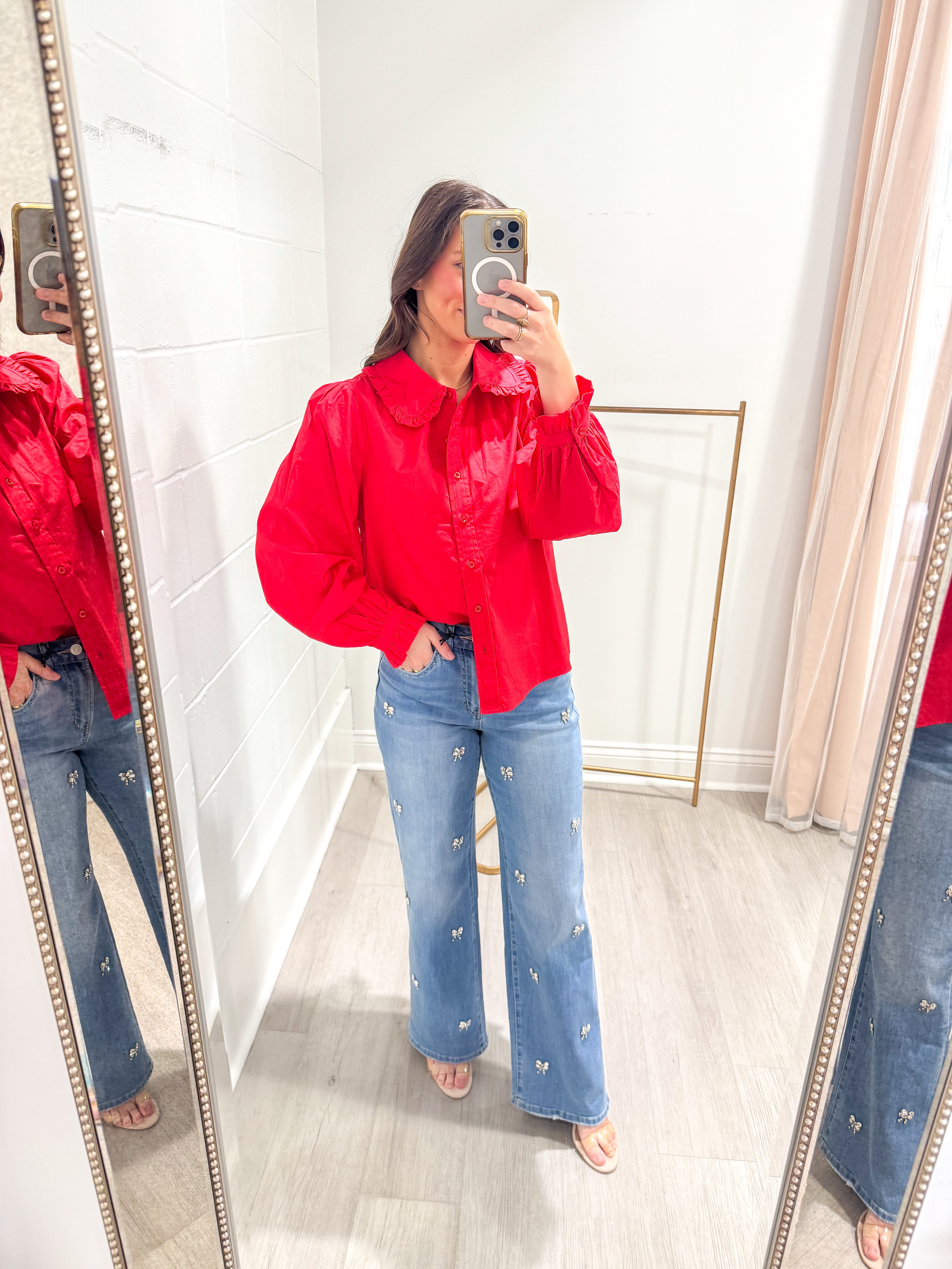 Cajun Red Ruffle Accent Poplin Top