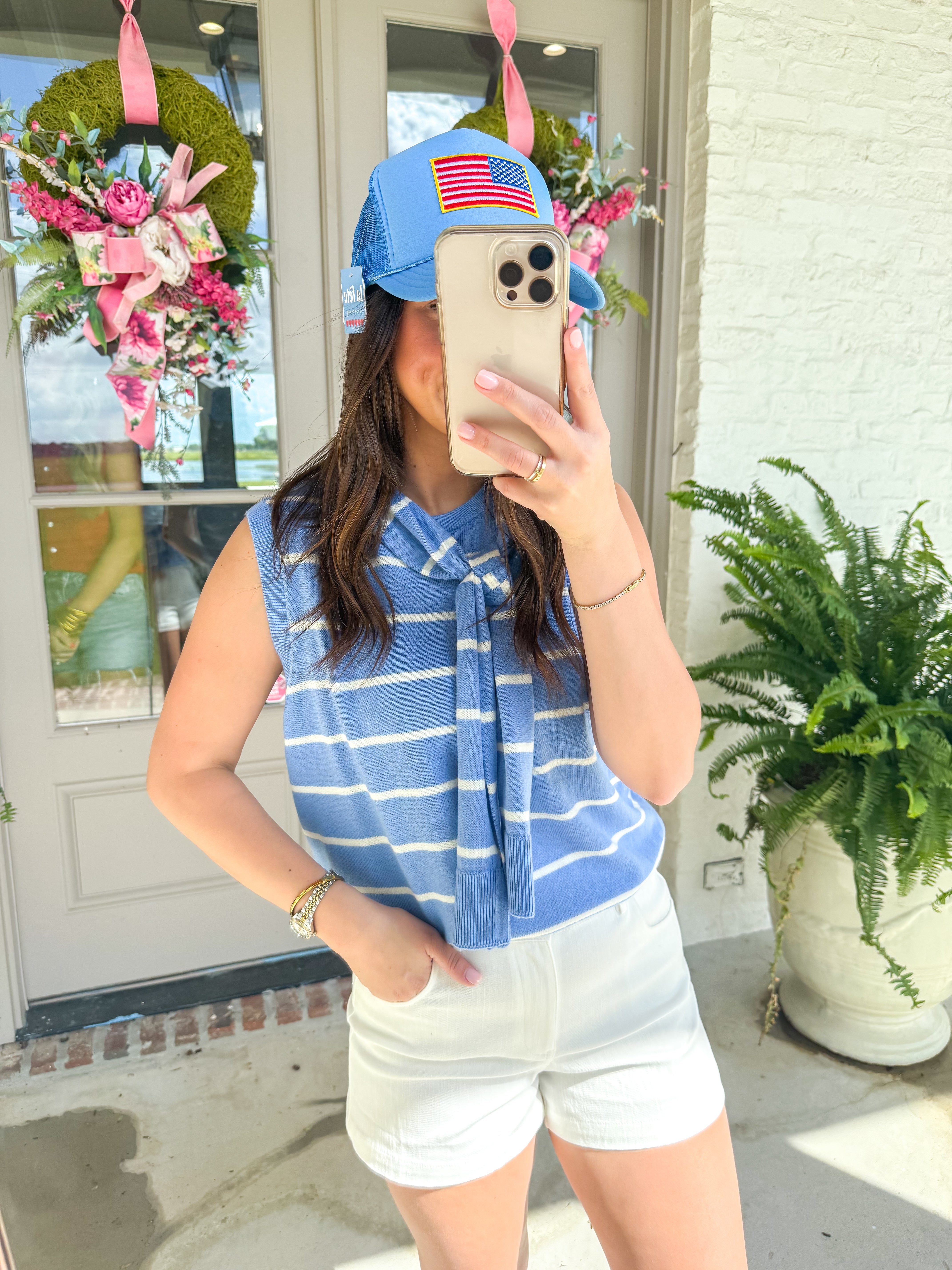 Sky Blue Striped Sweater Tank Tie Top