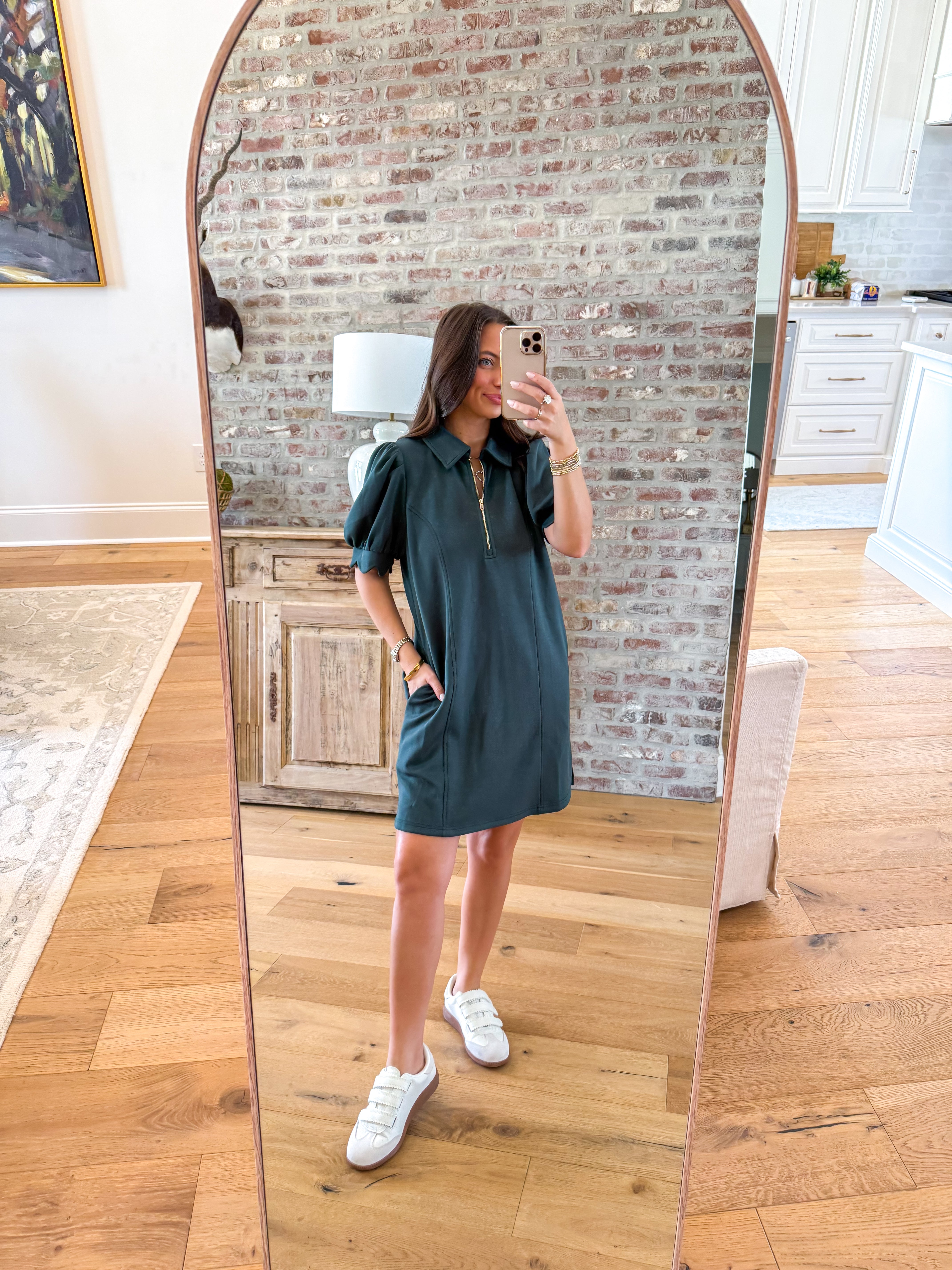 Forest Green Half-Zip Puff Sleeve Dress