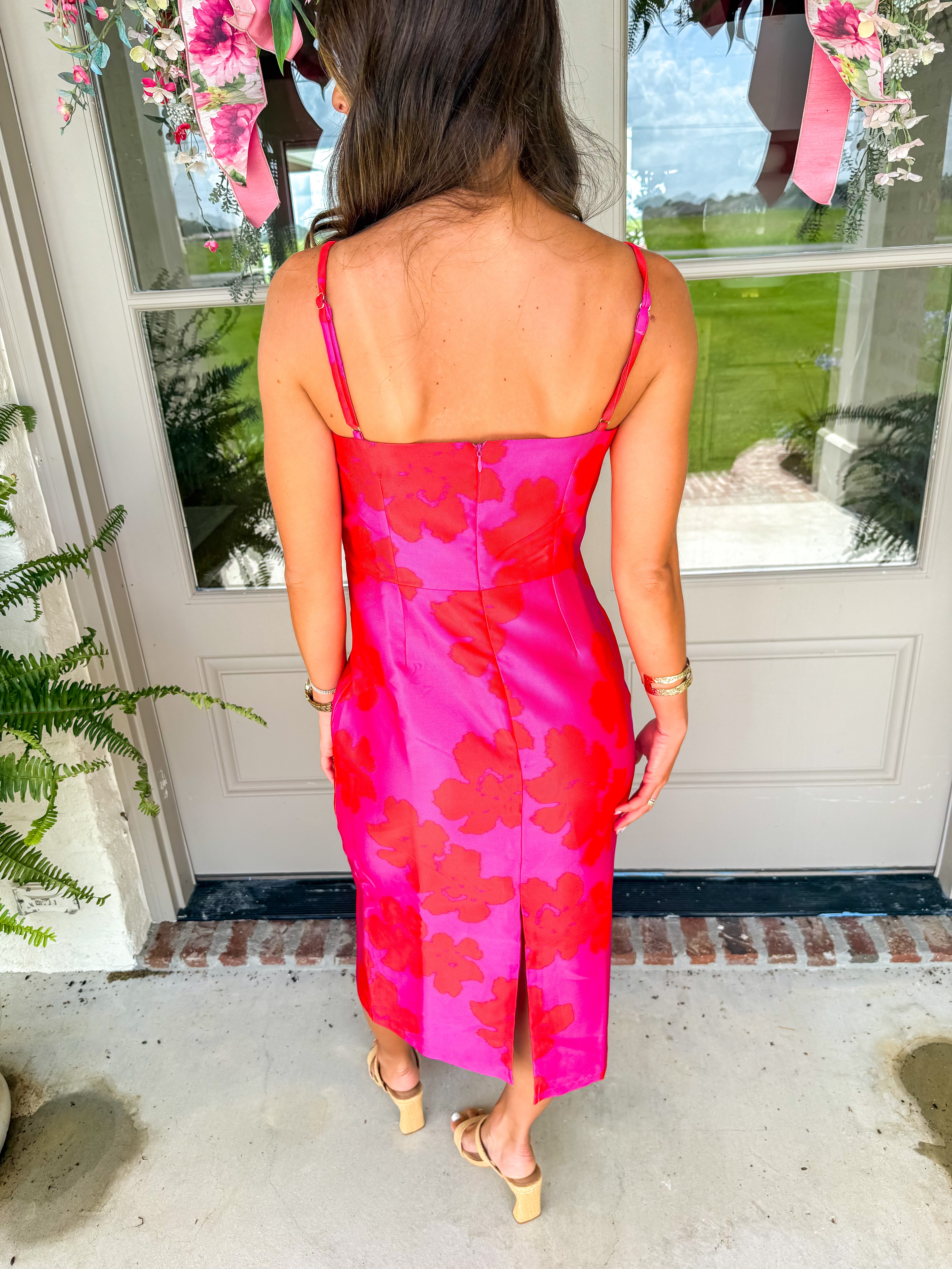 Fuchsia Garden Floral Satin Midi Dress