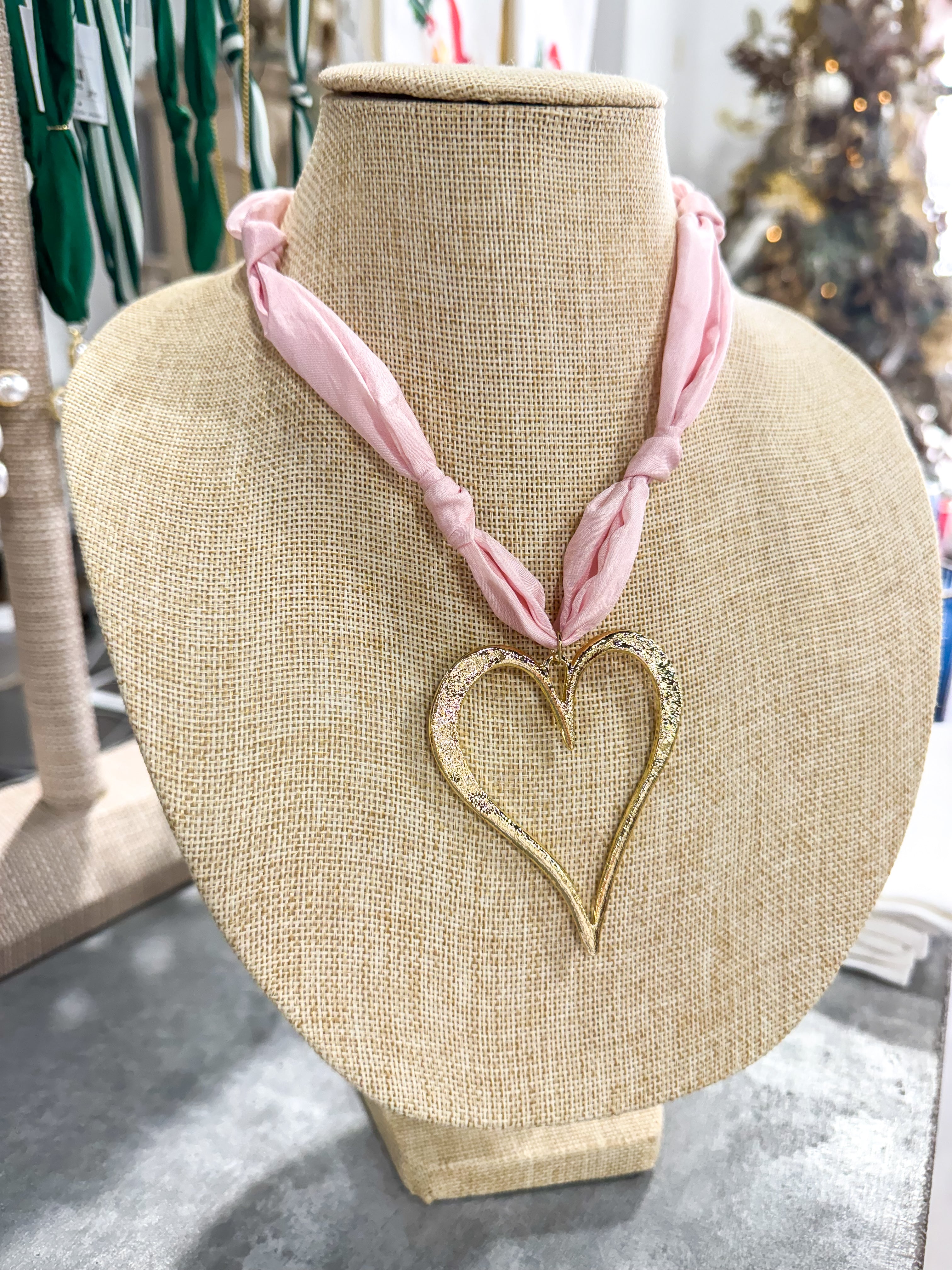 Pink Large Open Heart Scarf Necklace