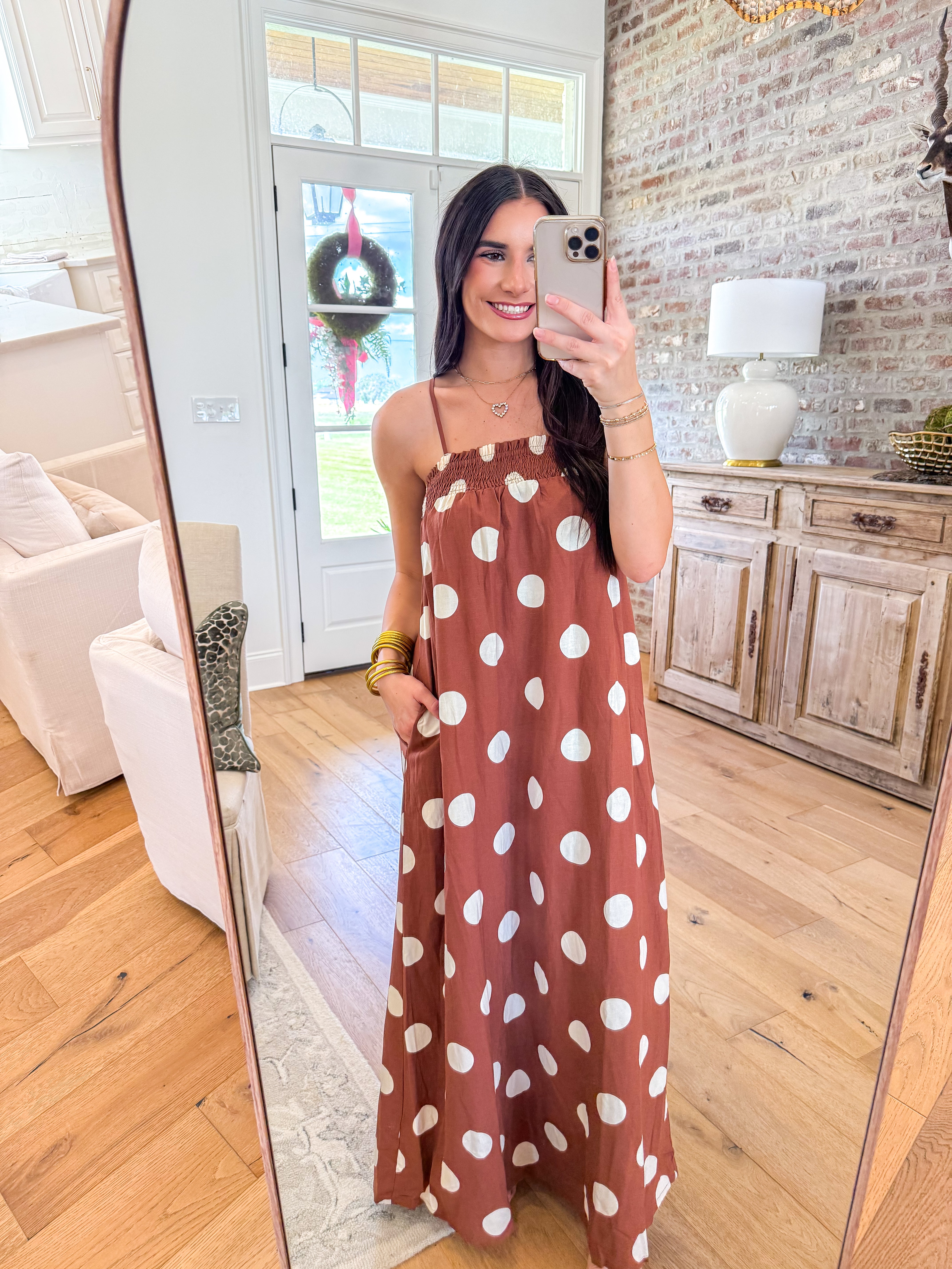 Dusty Trail Large Polka Dot Maxi Dress Brown