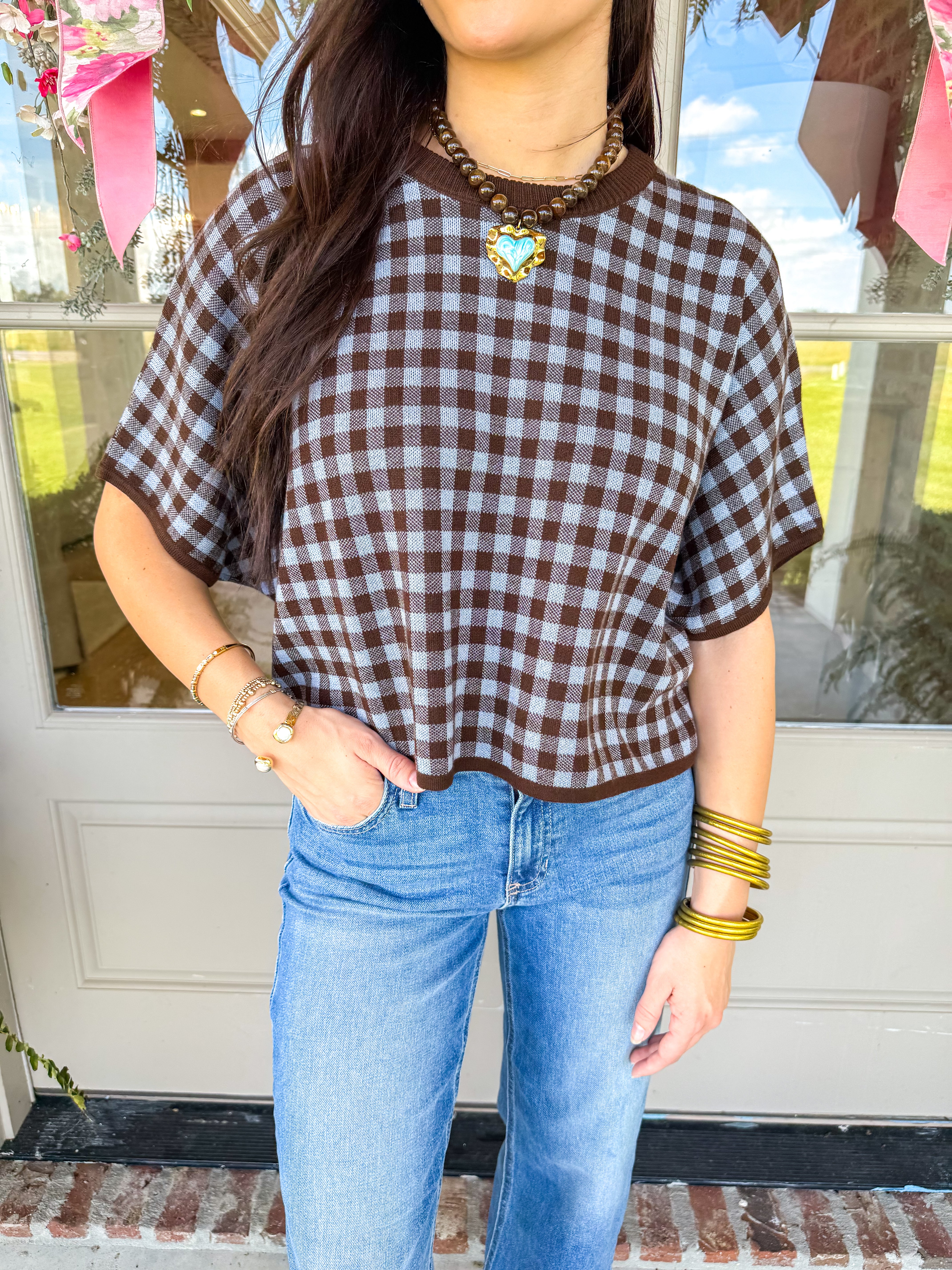 Brown Gingham & Grace Cropped Knit Top