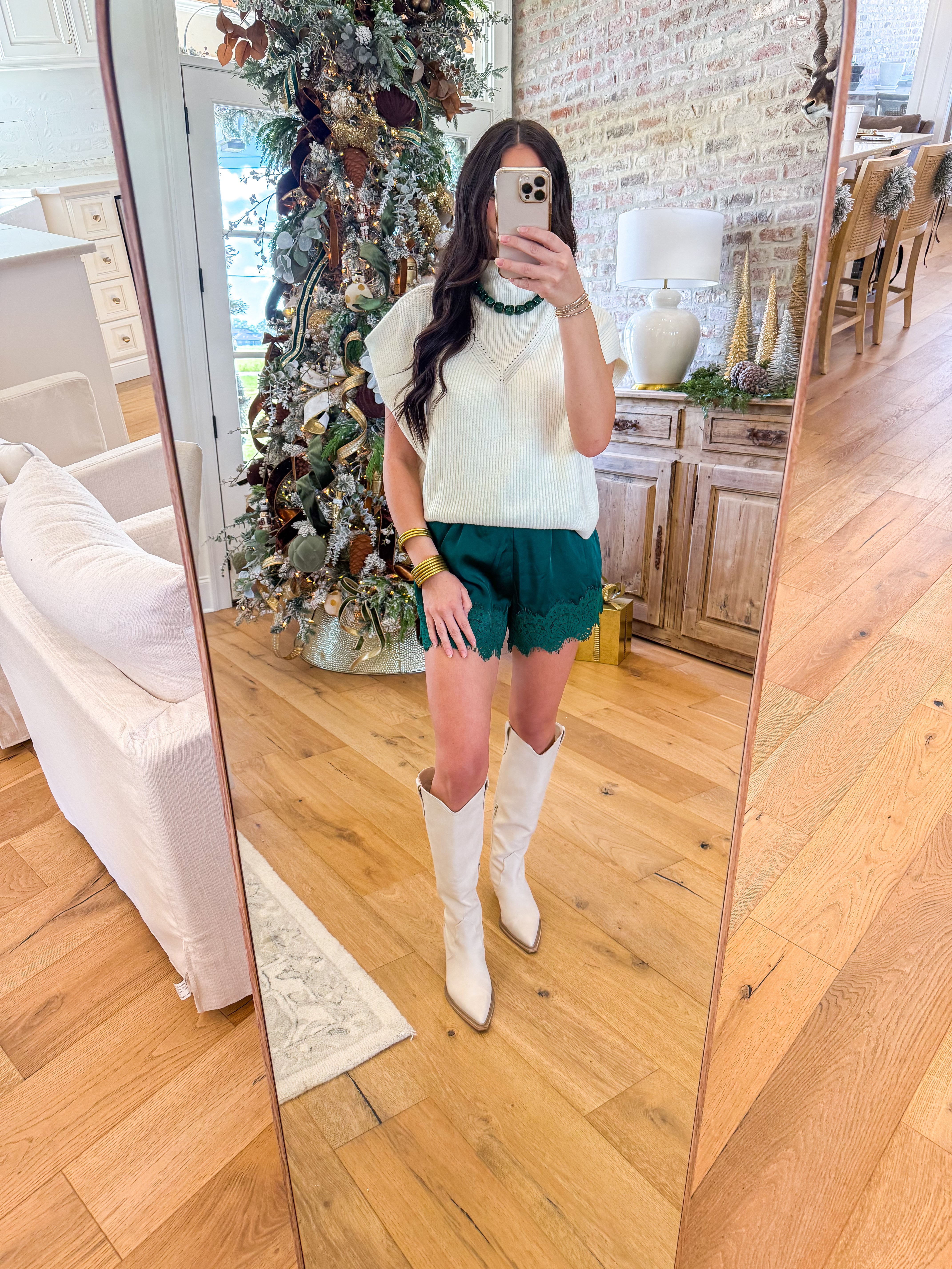 Hunter Green Satin Lace-Trim Shorts