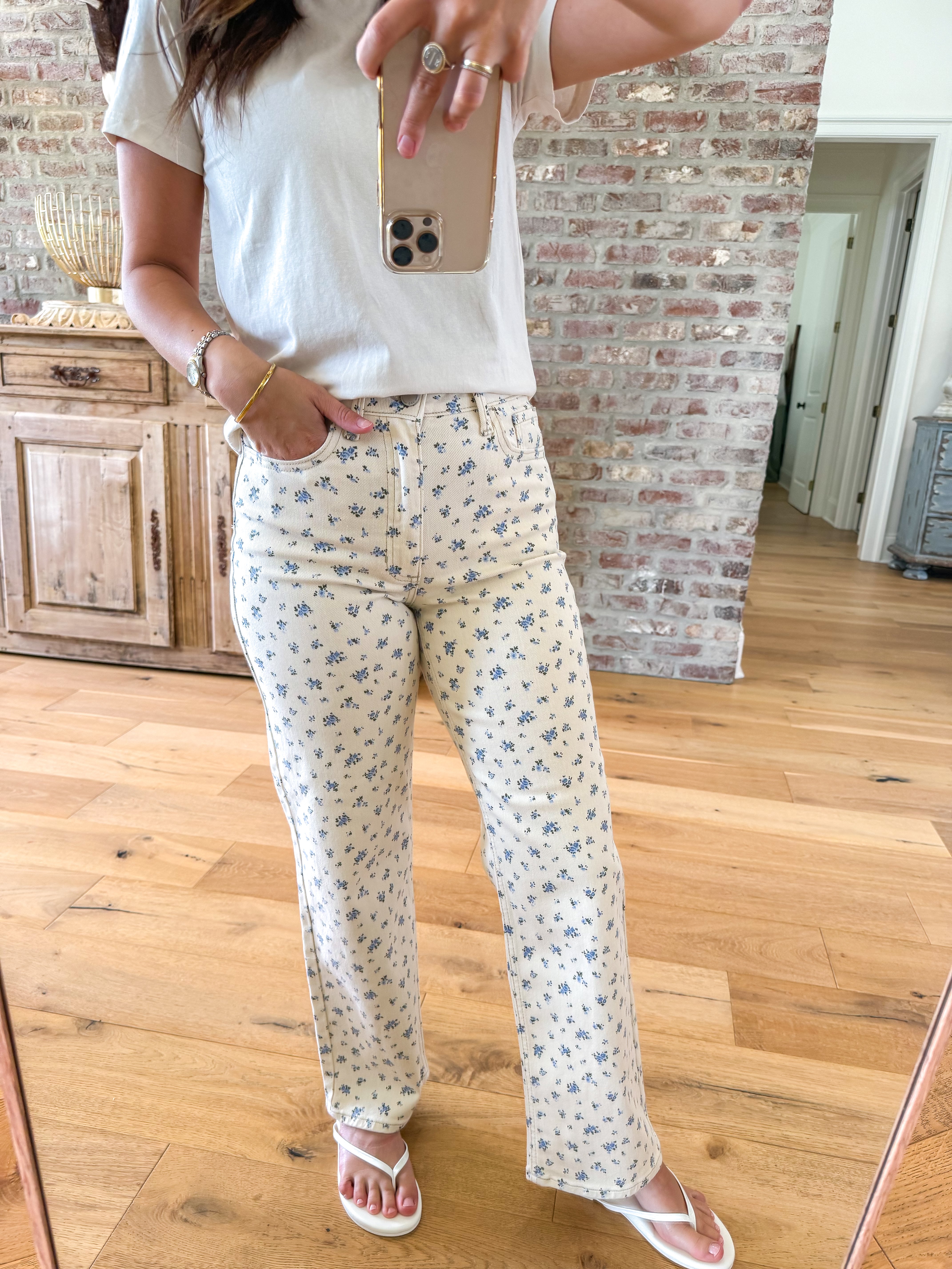 Flower Print High-Rise Vintage Straight Jeans