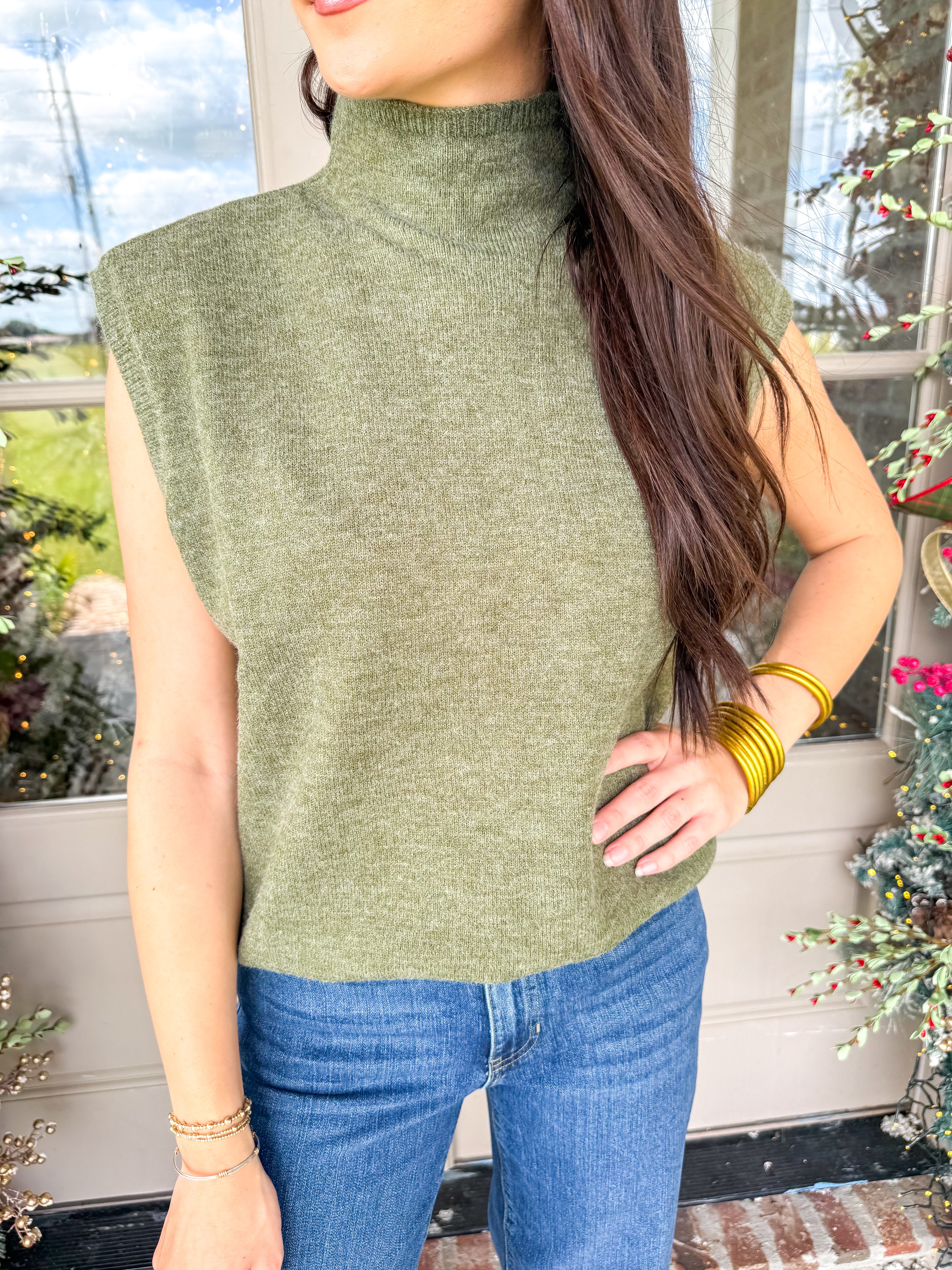 Olive Knit Mock Neck Sweater Vest