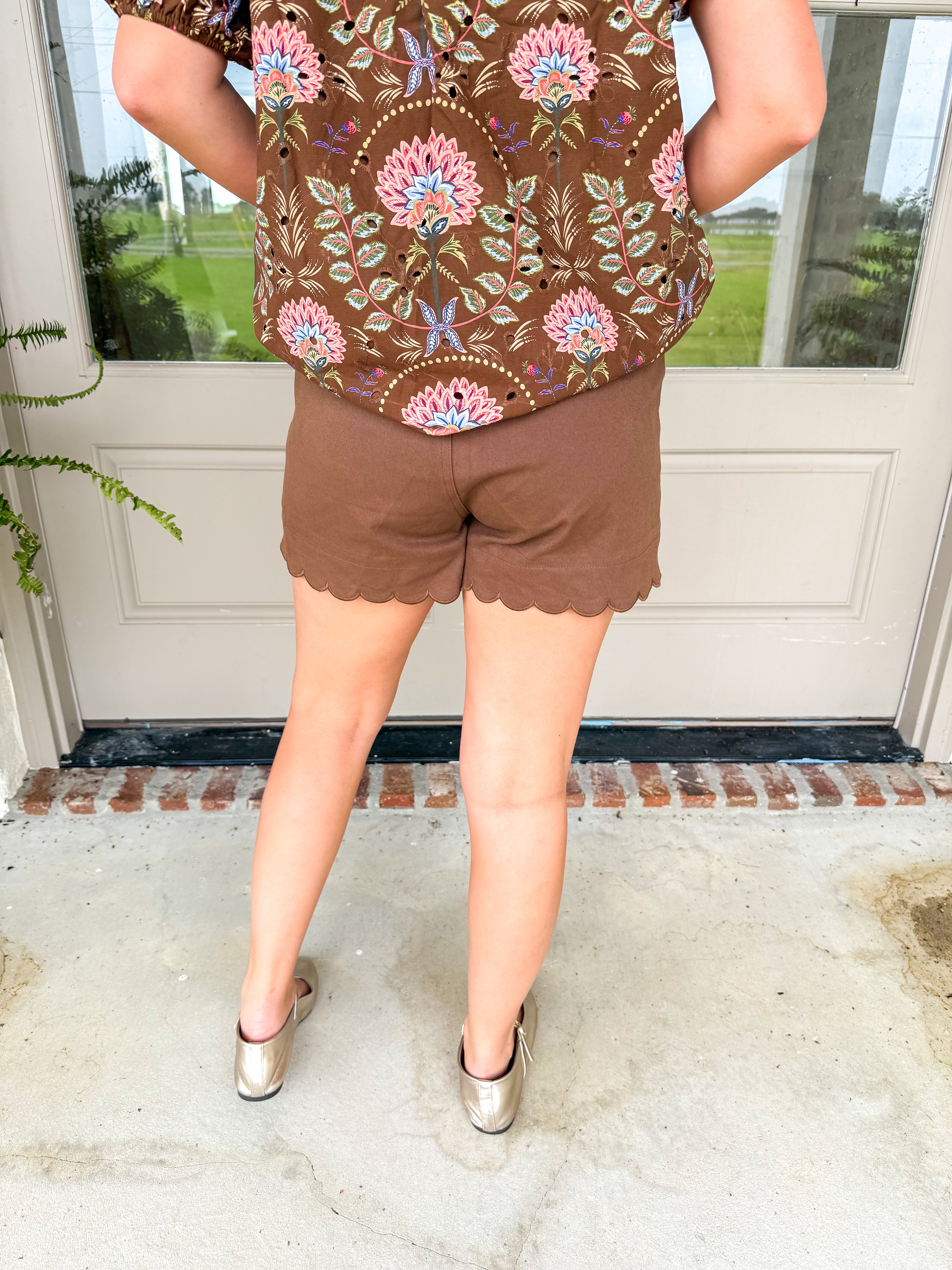 Brown Scallop Patch Pocket Shorts