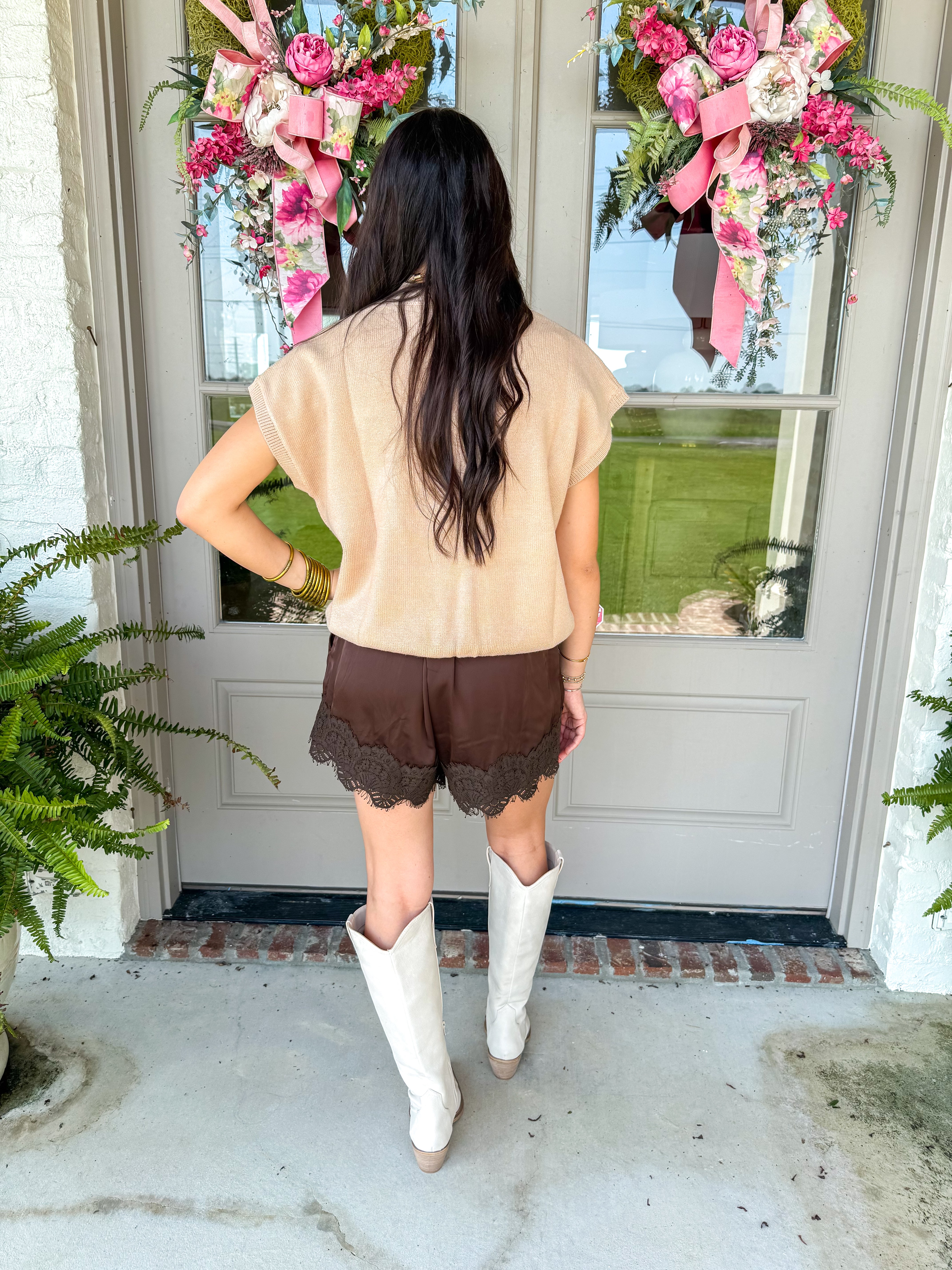 Chocolate Satin Lace-Trim Shorts