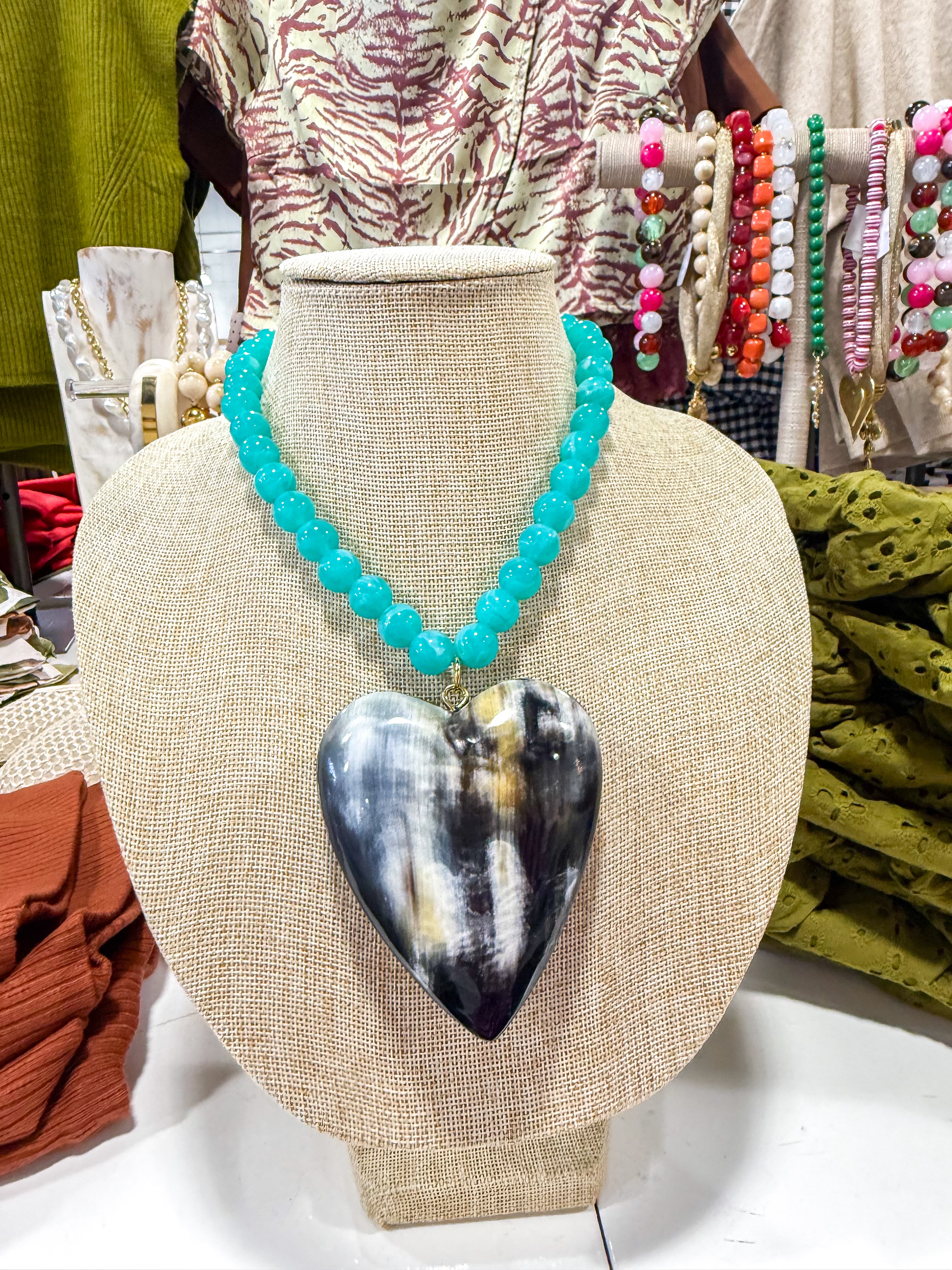 Large Black Ombre Heart Turquoise Beaded Necklace