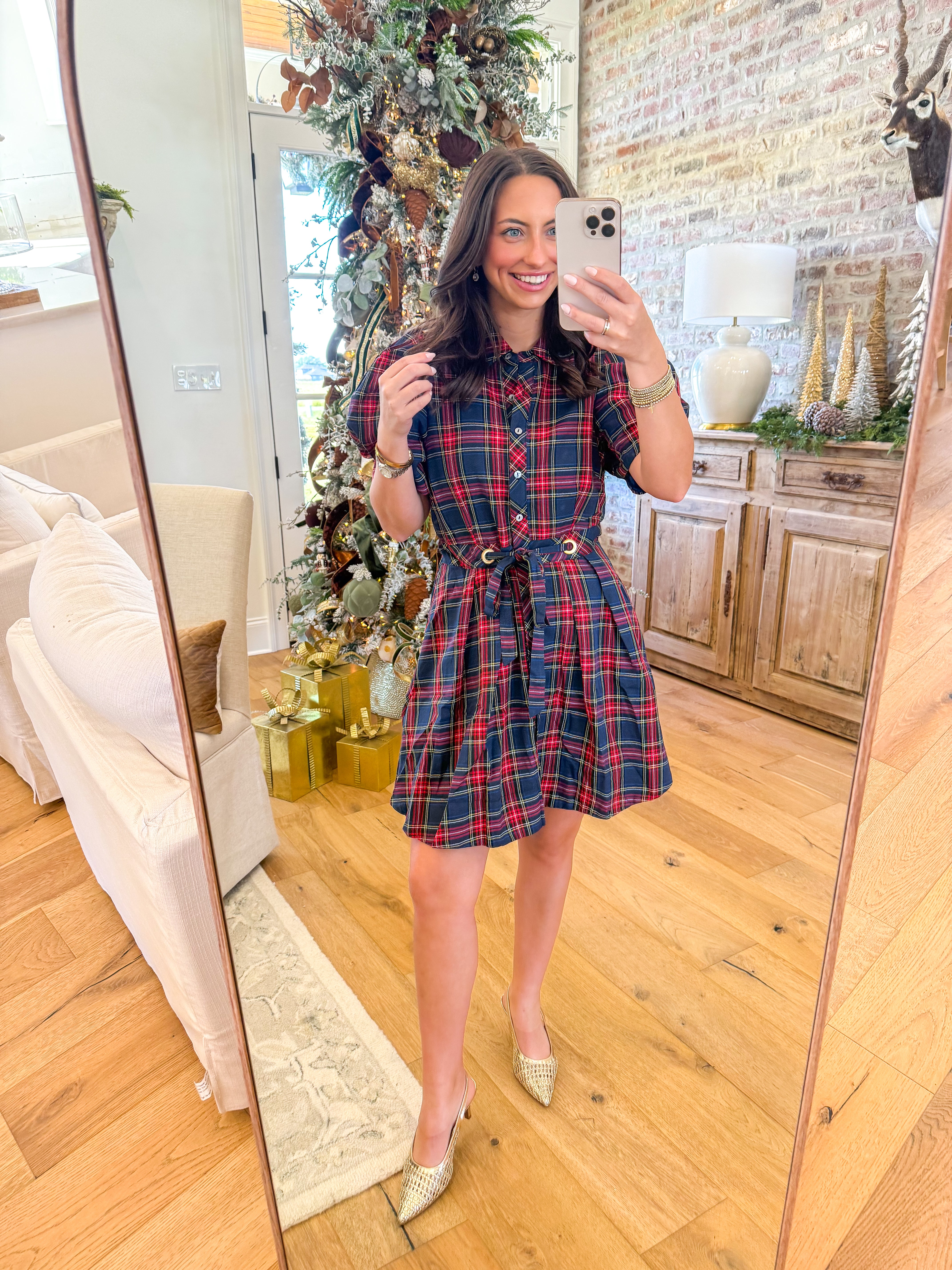 Tartan Charm Puff-Sleeve Mini Dress Navy