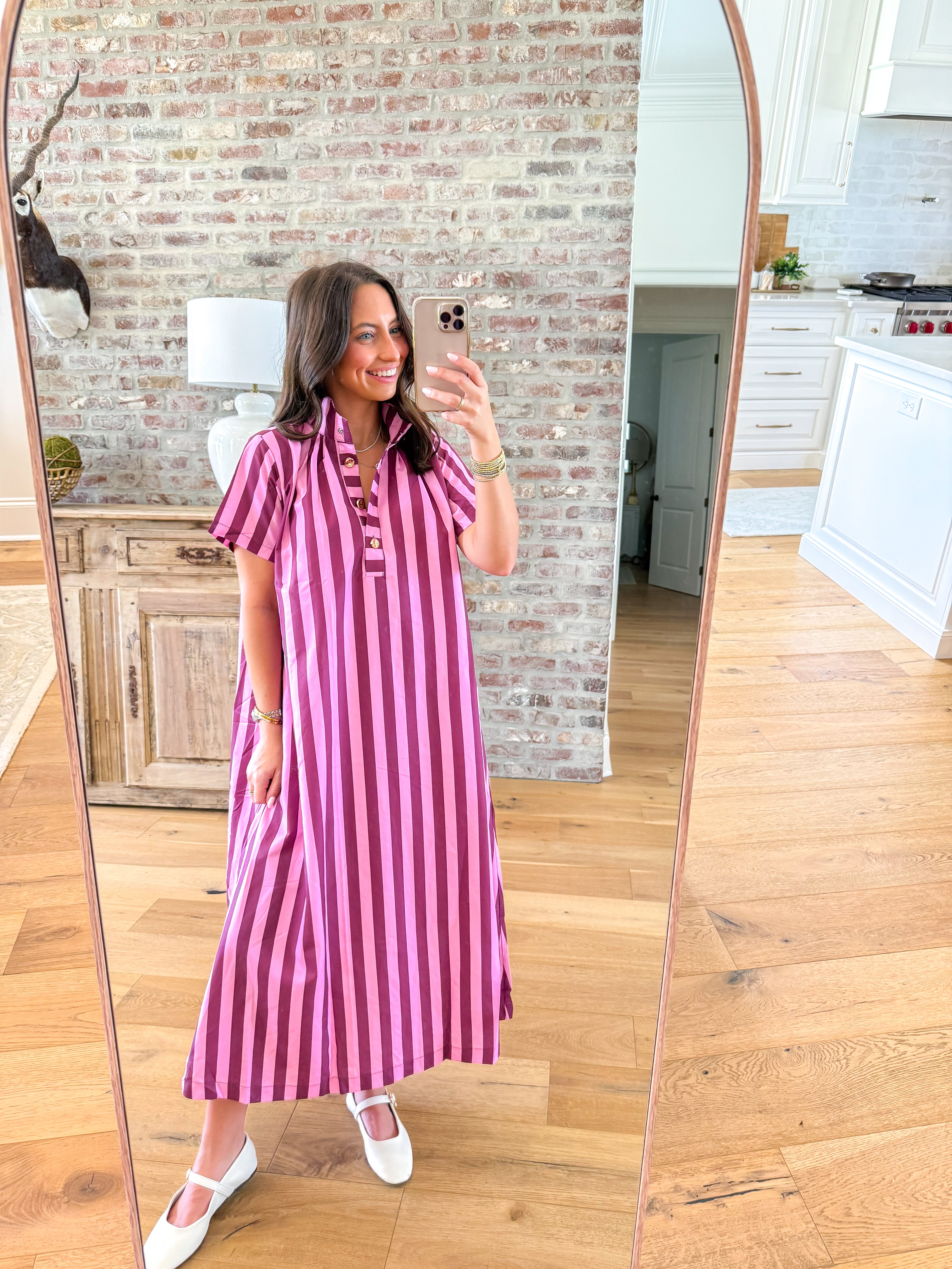 Berry Stripe High-Neck Midi Dress
