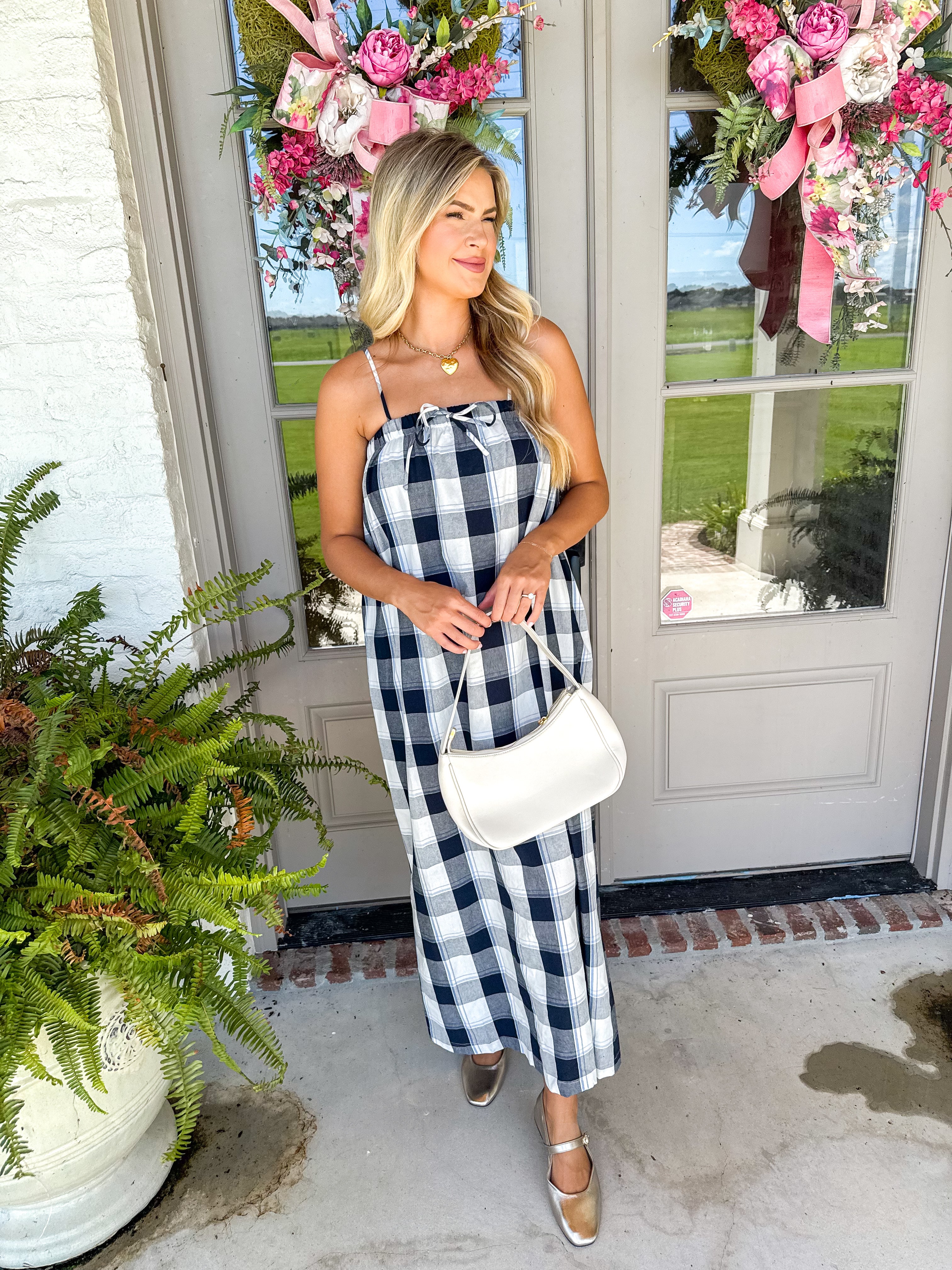 Navy Gingham Tie-Front Maxi Dress